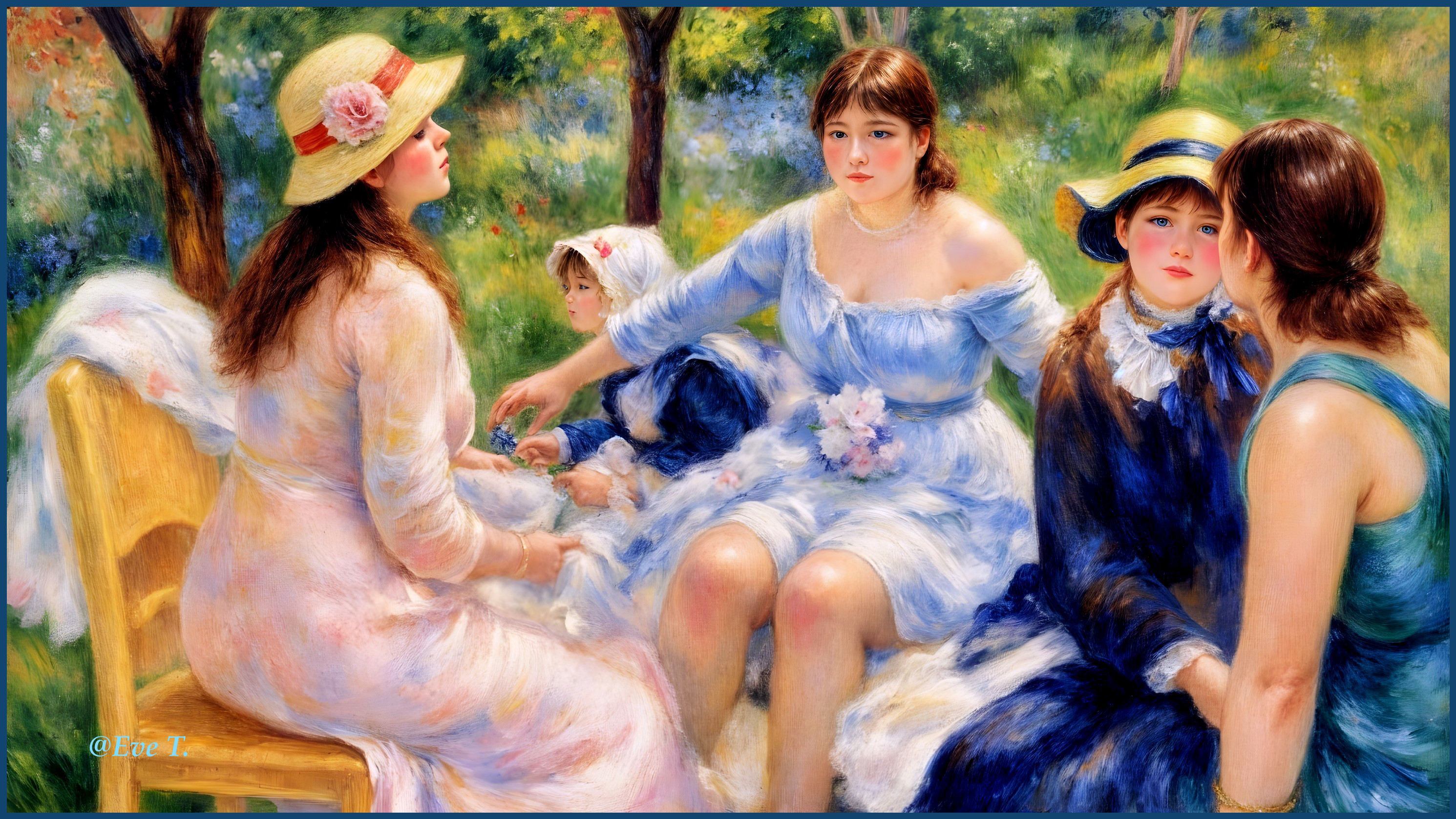 Young Women and Child in a Serene Garden Setting