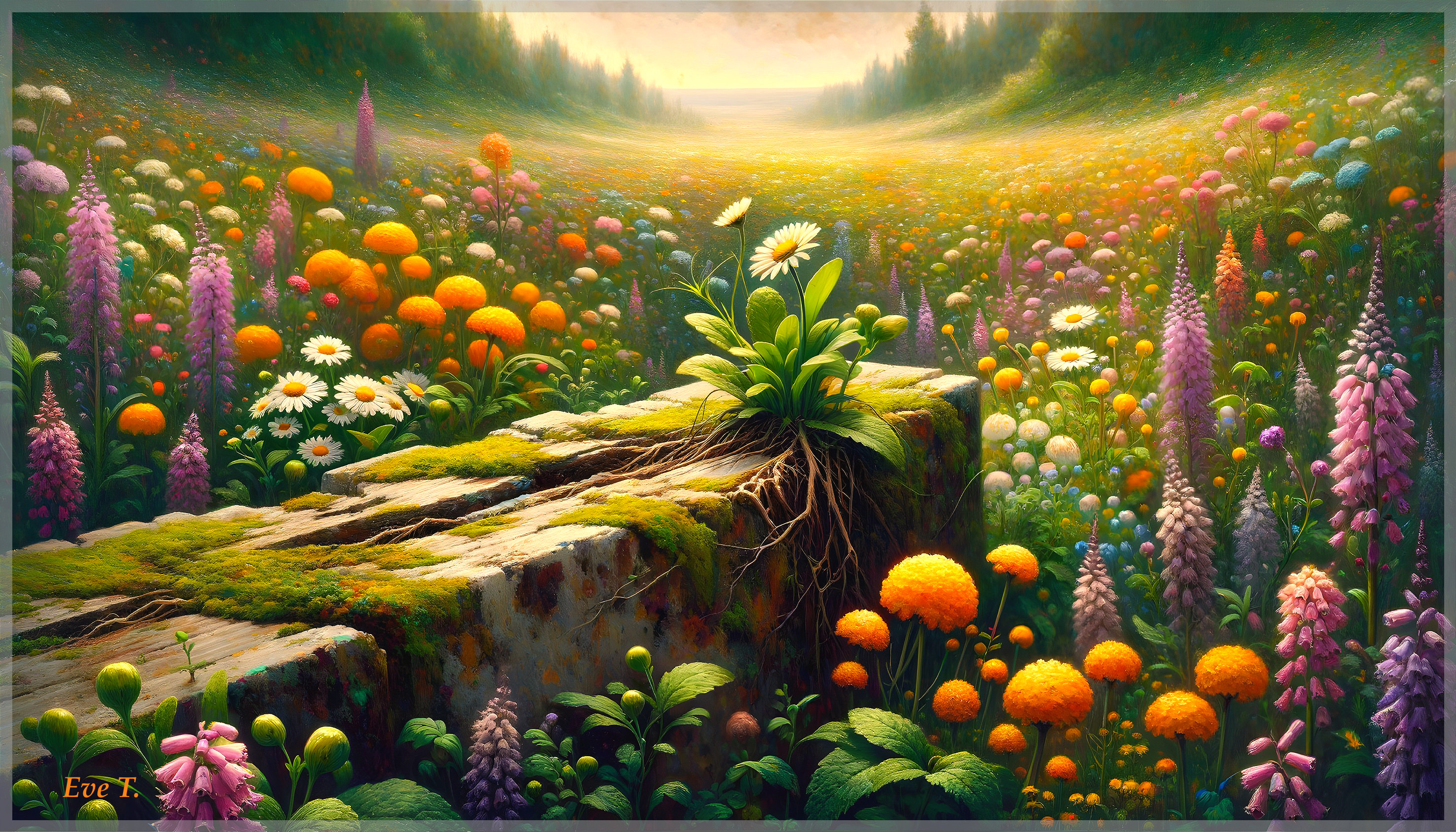 Vibrant Landscape with Wildflowers and Mossy Rock