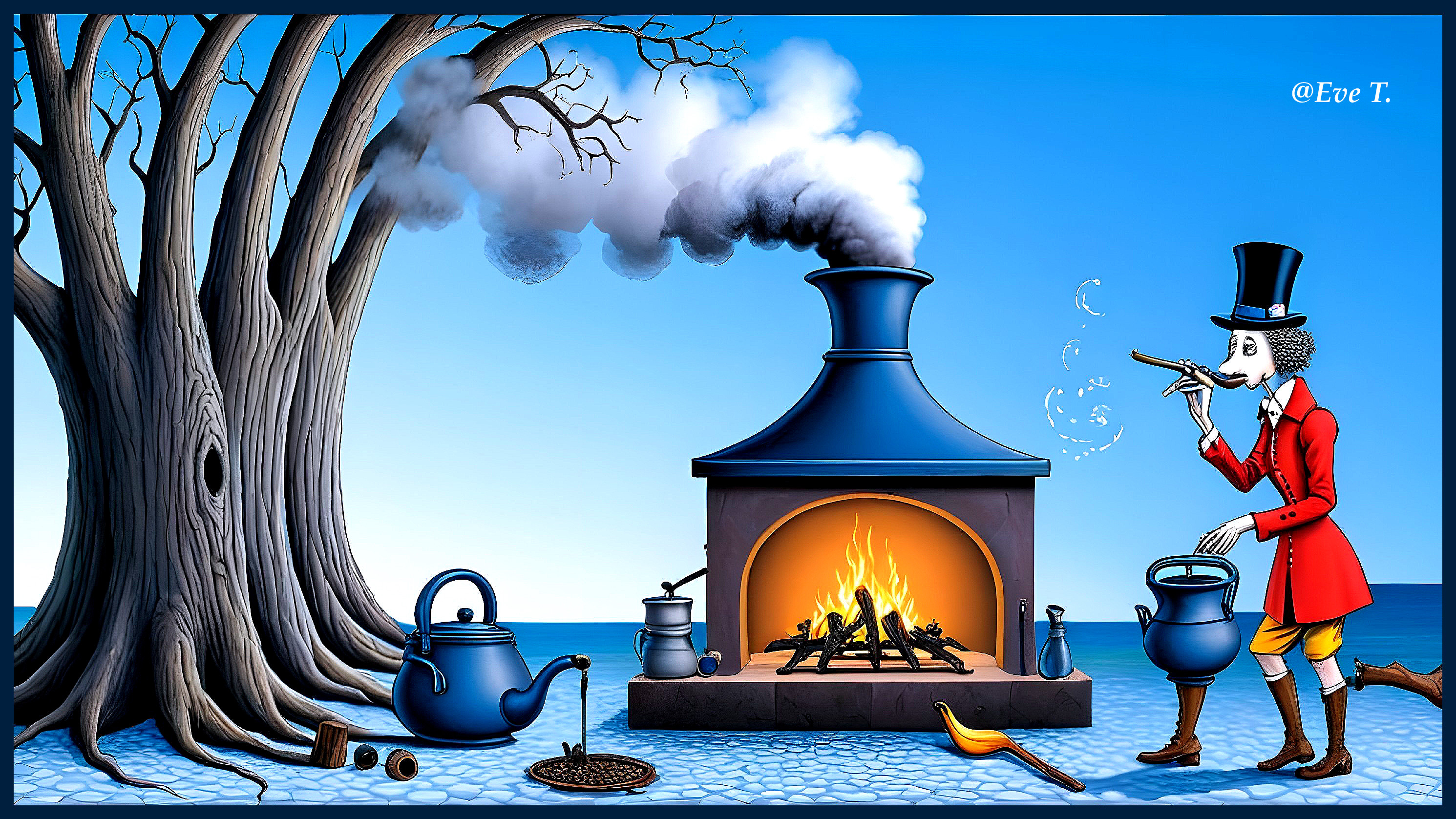 Whimsical Scene with Chimney, Fire, and Character