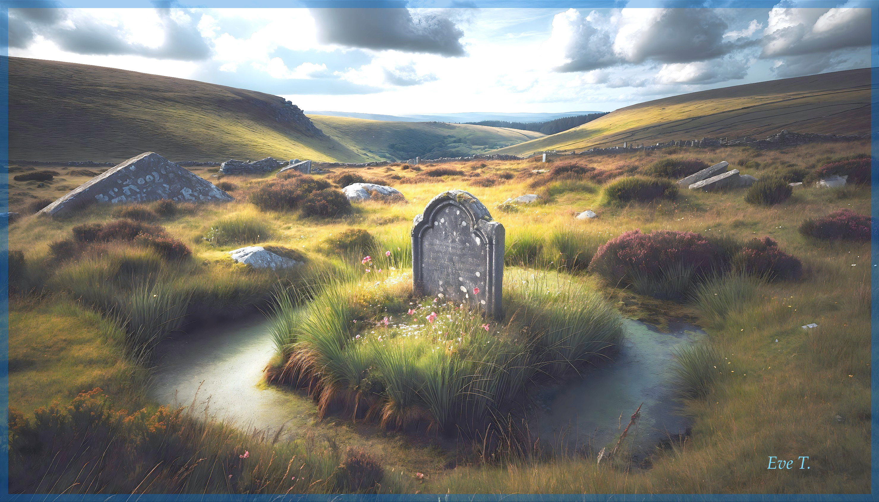 Solitary Gravestone in Serene Natural Landscape