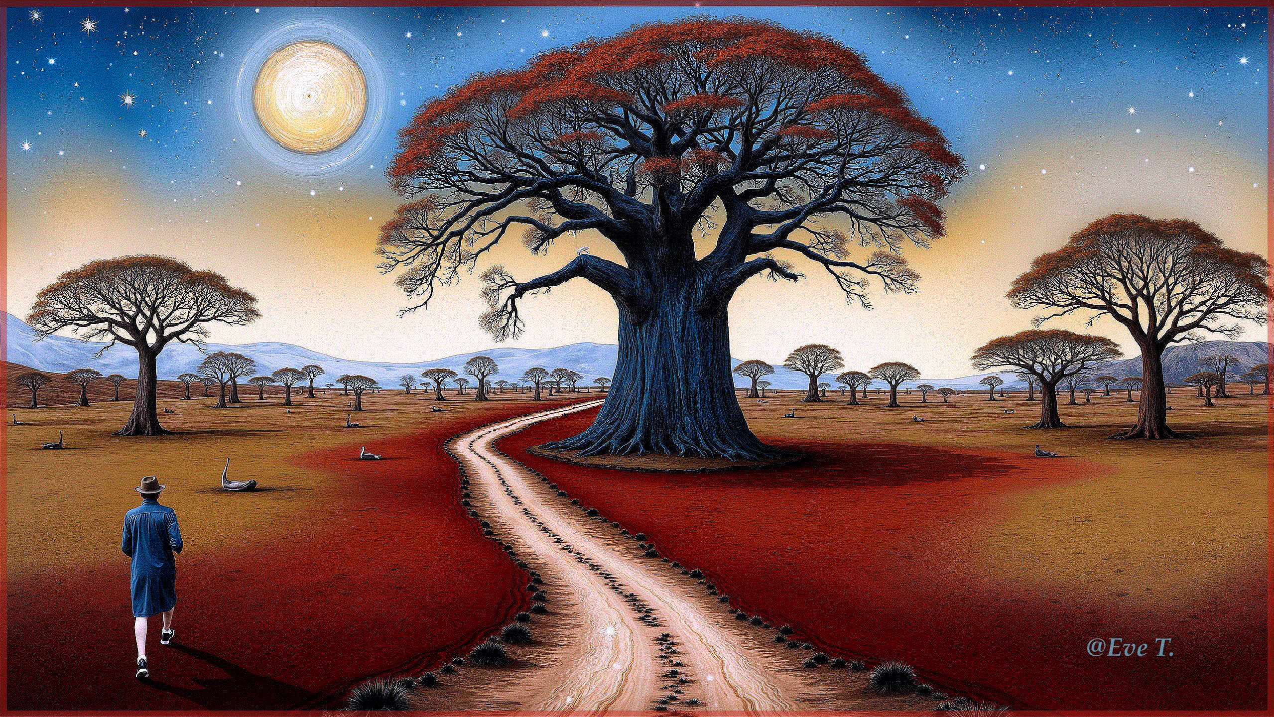 Surreal Landscape with Winding Path and Twilight Sky
