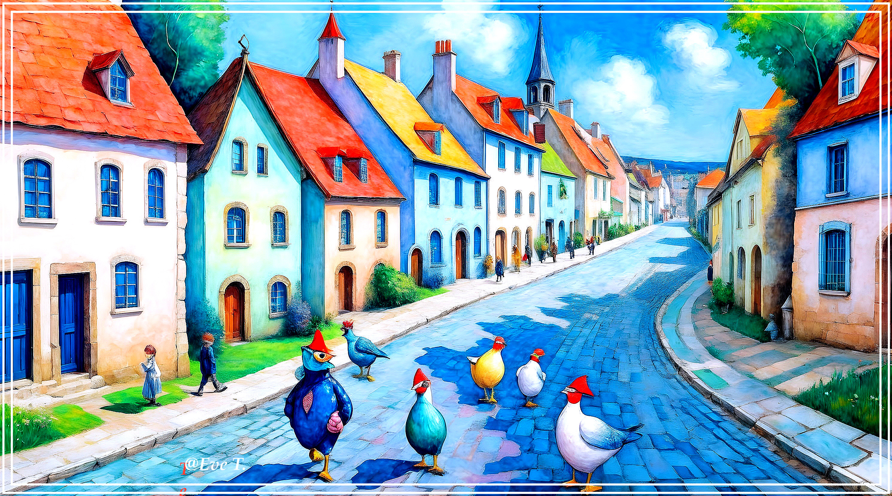 Vibrant Village Scene with Colorful Houses and Birds