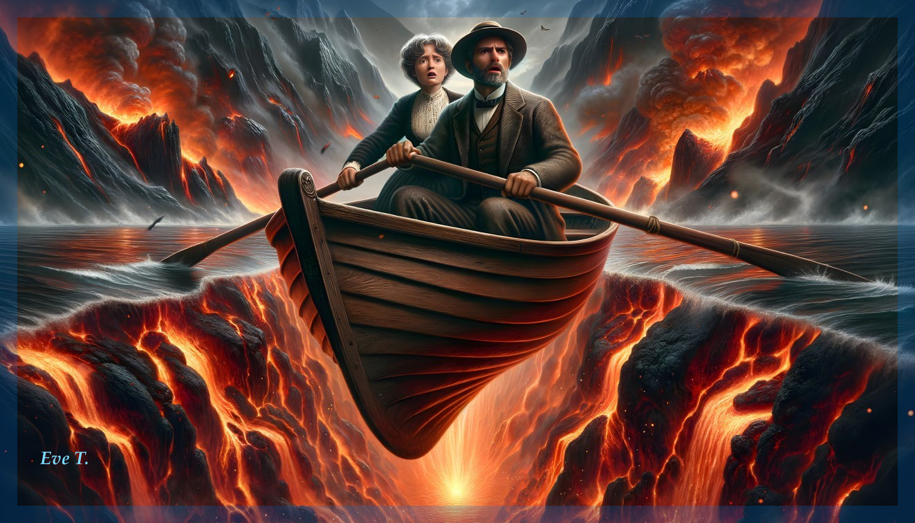 Man and child in rowboat amidst fiery landscape
