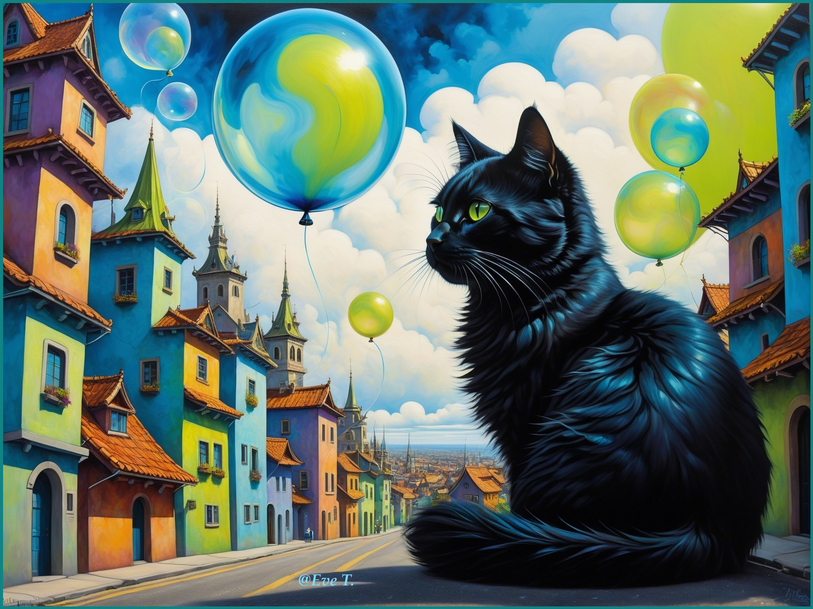 Black Cat Overlooks Colorful Whimsical Town Scene