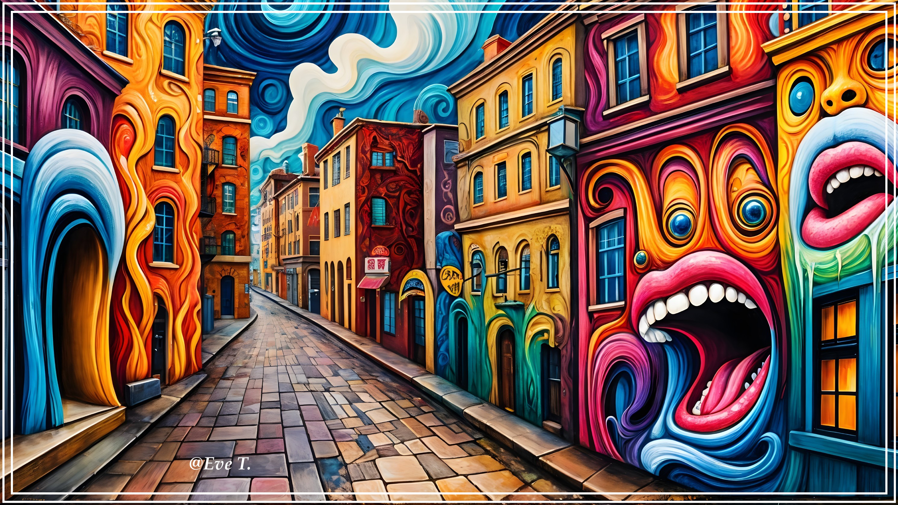 Surreal Street Scene with Colorful Building Facades