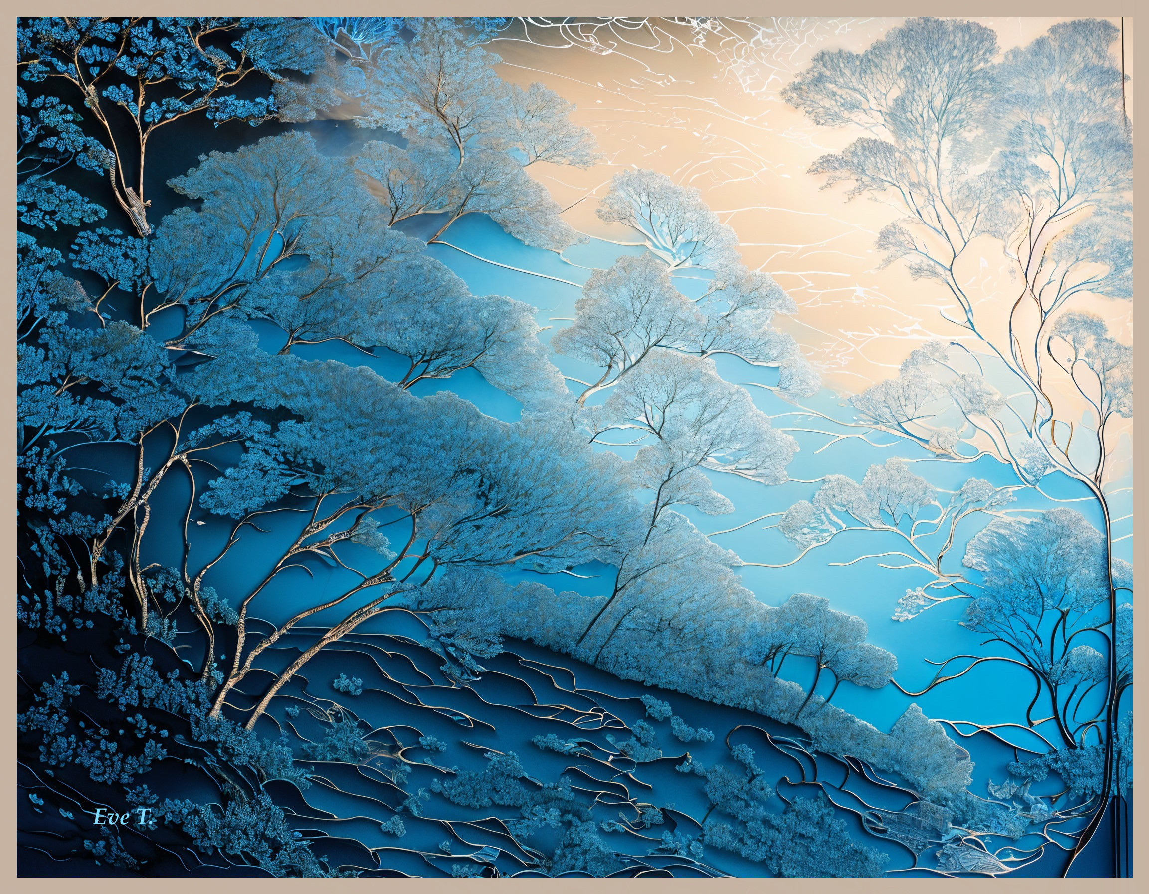 Serene Blue Landscape with Stylized Trees and Gradient