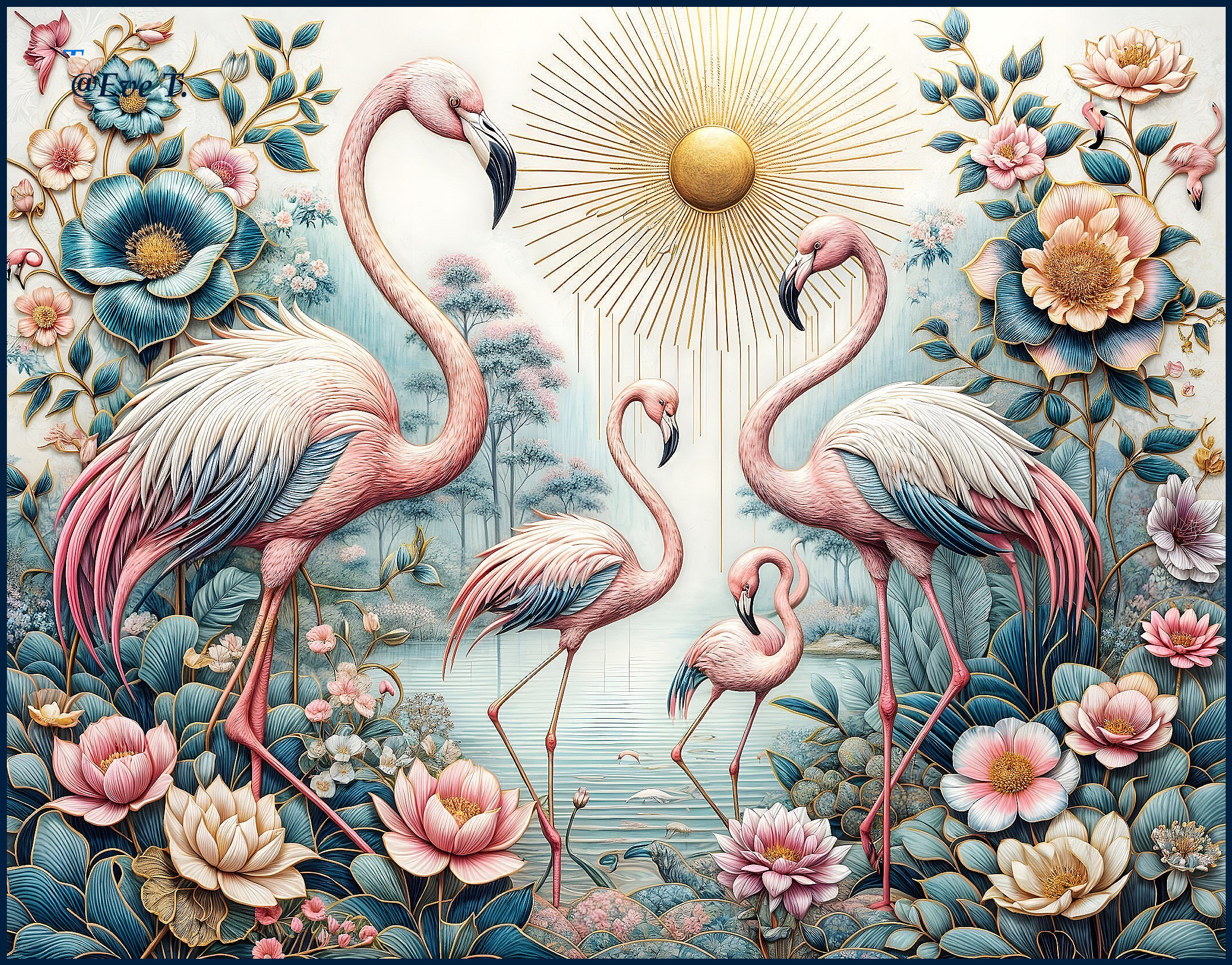 Colorful Flamingos Among Flowers and Water Lilies