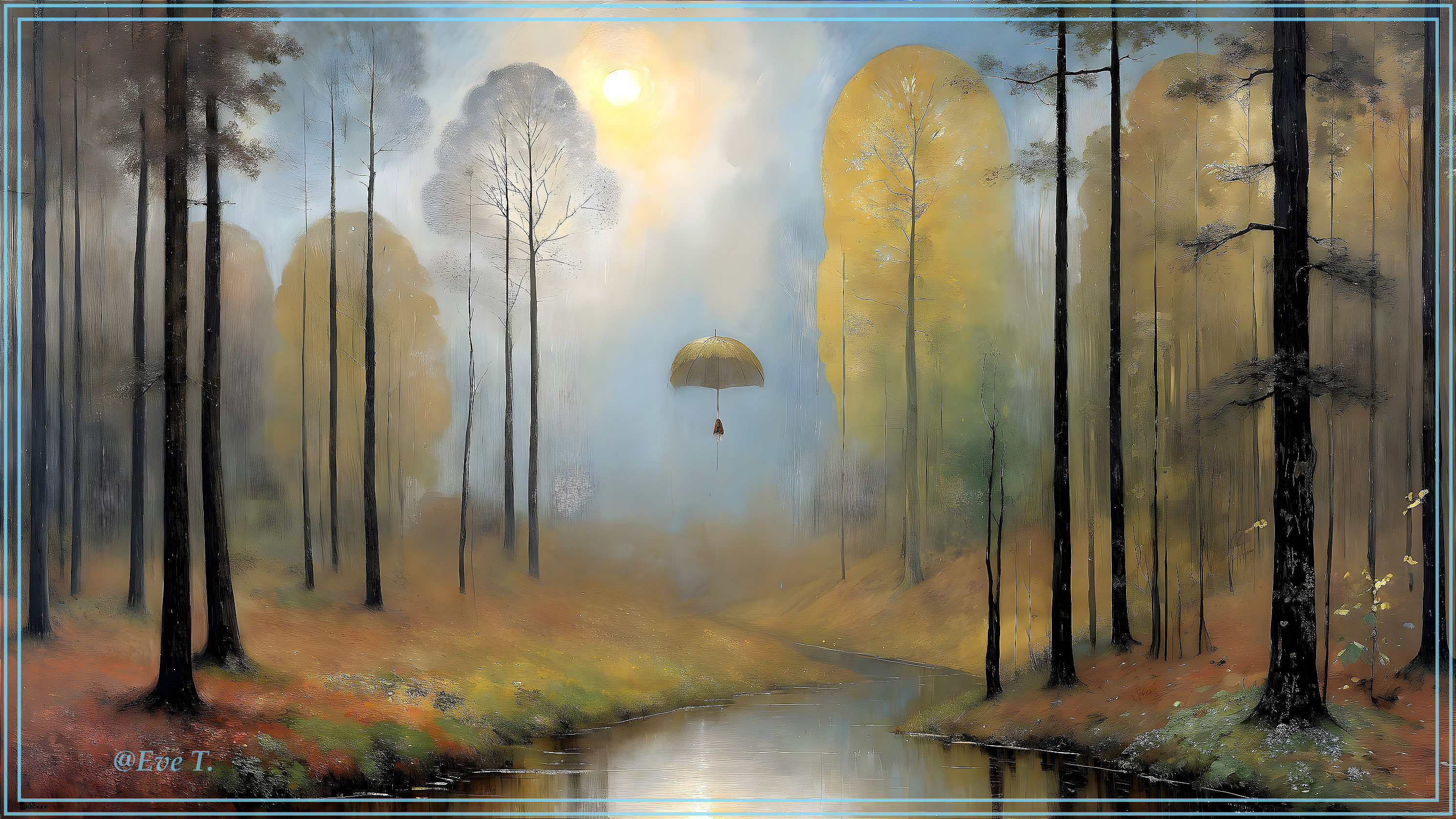 Serene Landscape with Autumn Trees and Gentle Sun