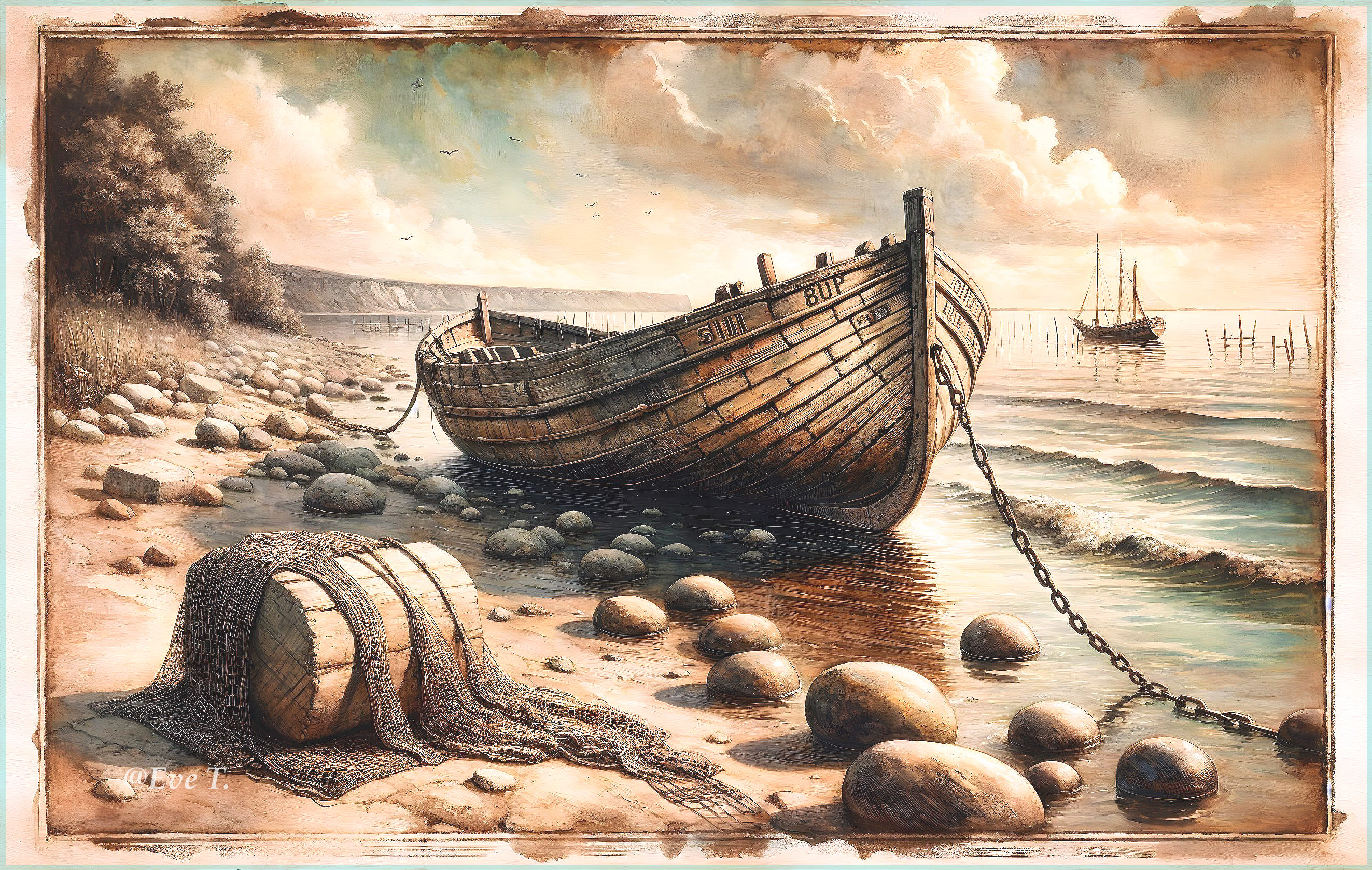 Weathered Boat on Sandy Shoreline with Calm Sea