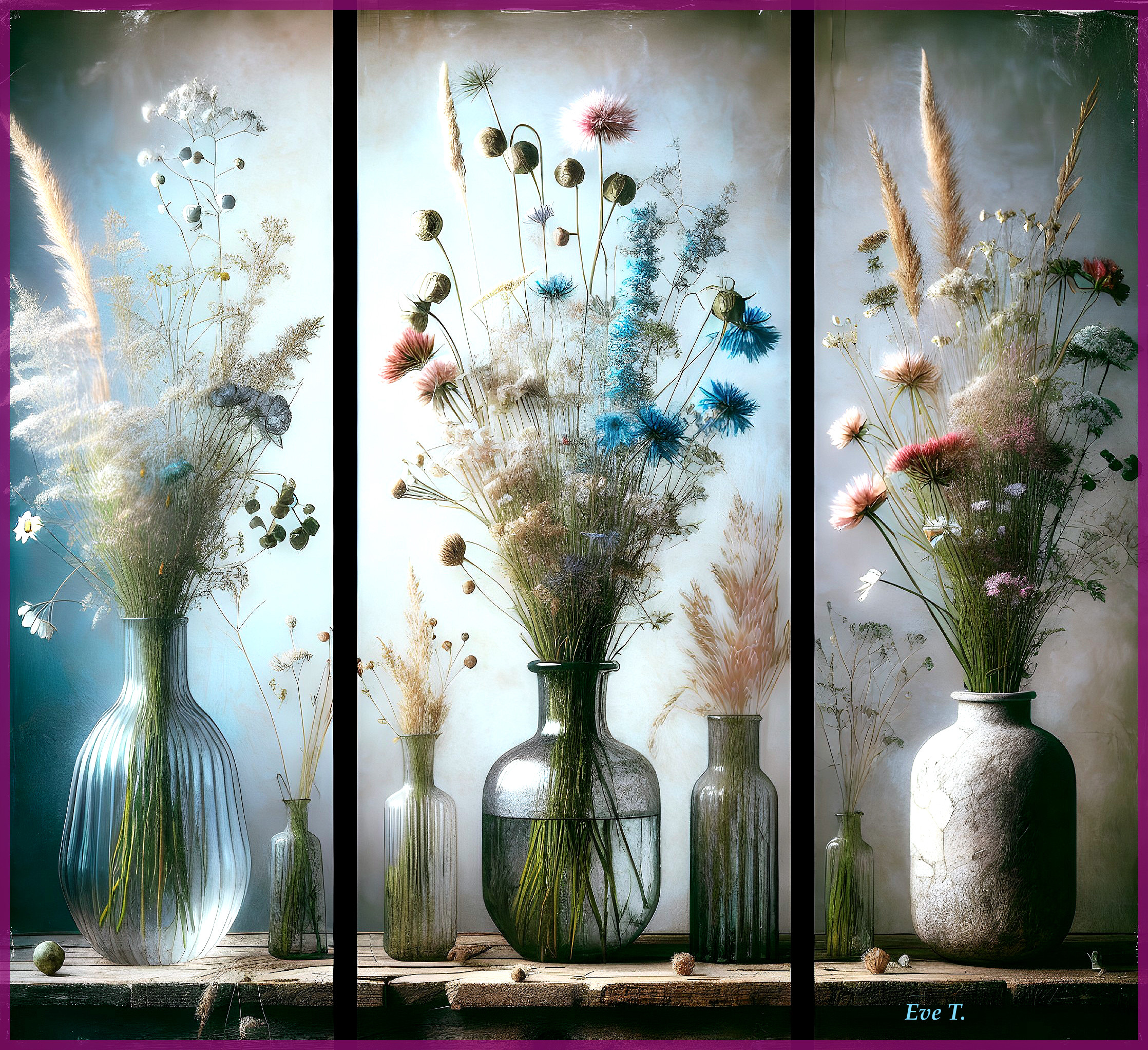 Triptych of Wildflowers in Elegant Glass Vases