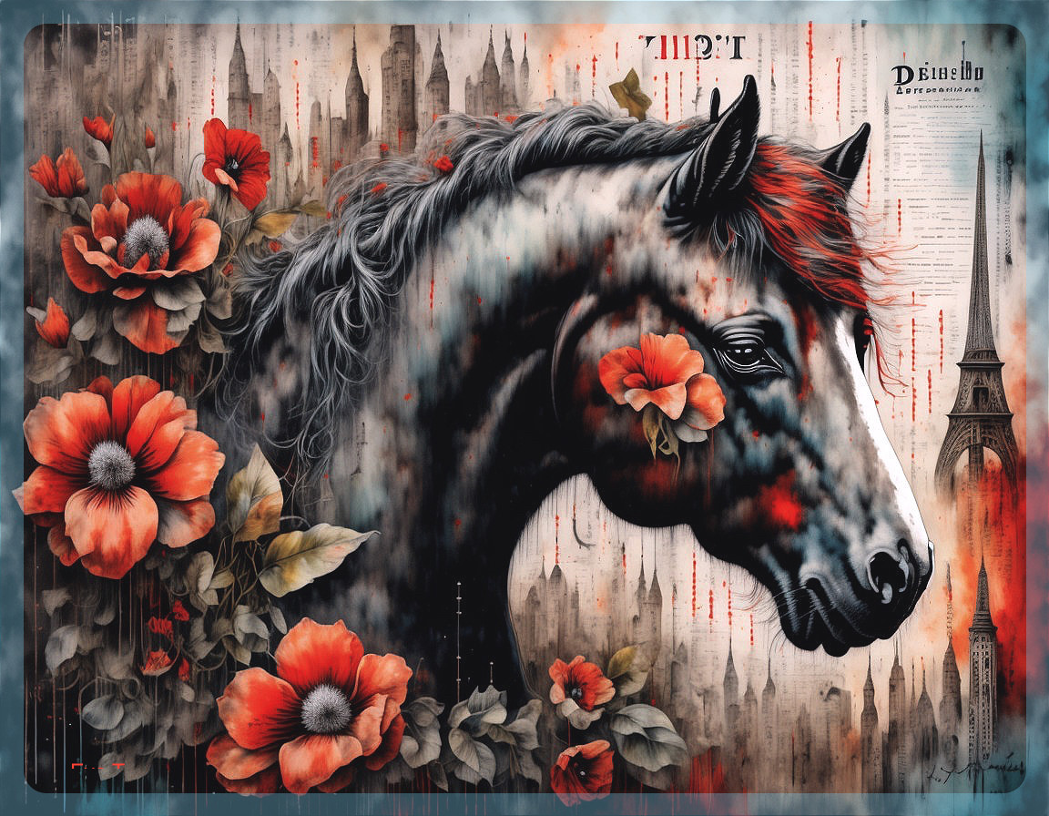 Majestic Horse Head with Red Flowers and Urban Backdrop