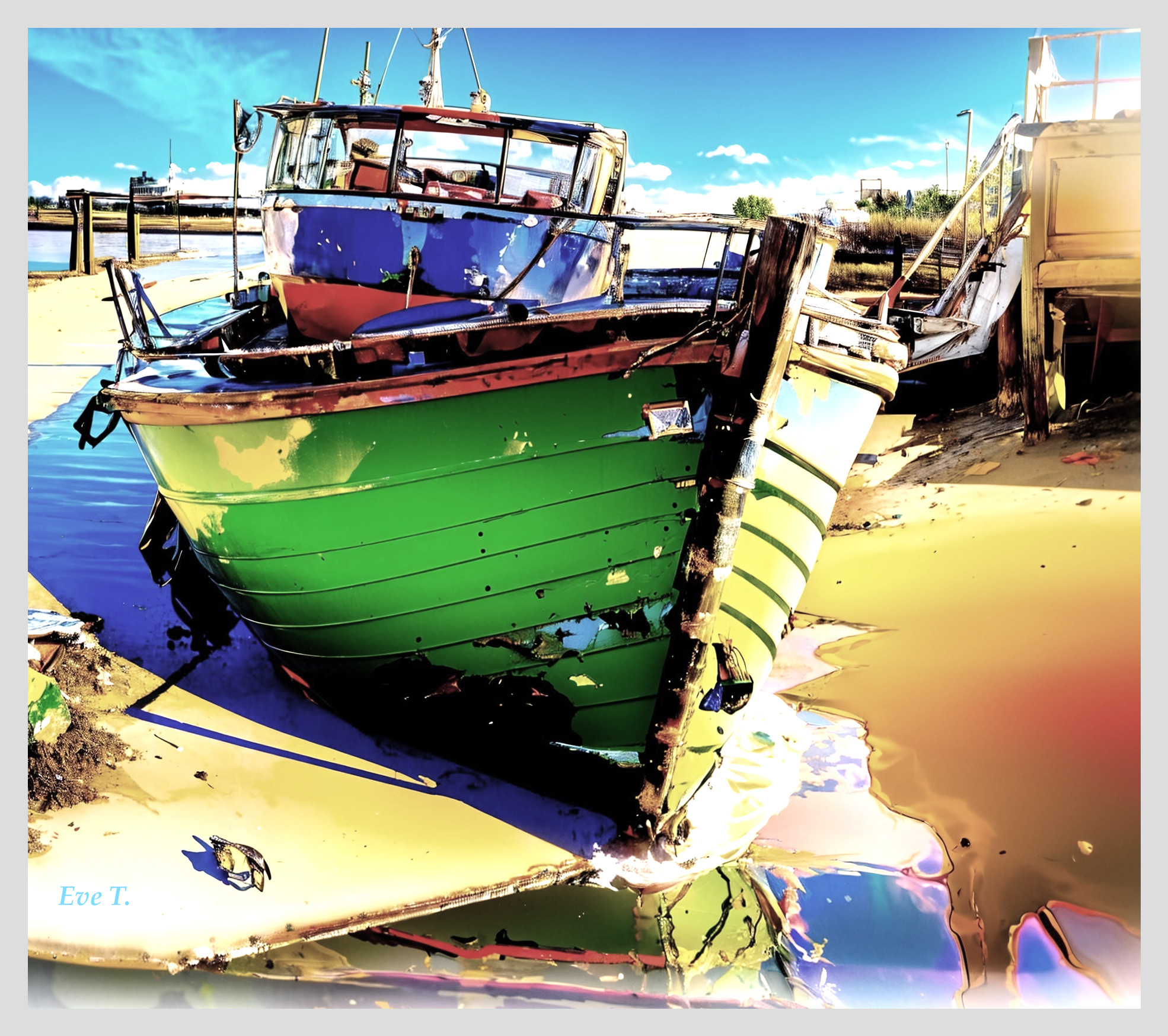 Vibrant Green Fishing Boat on Sandy Shoreline