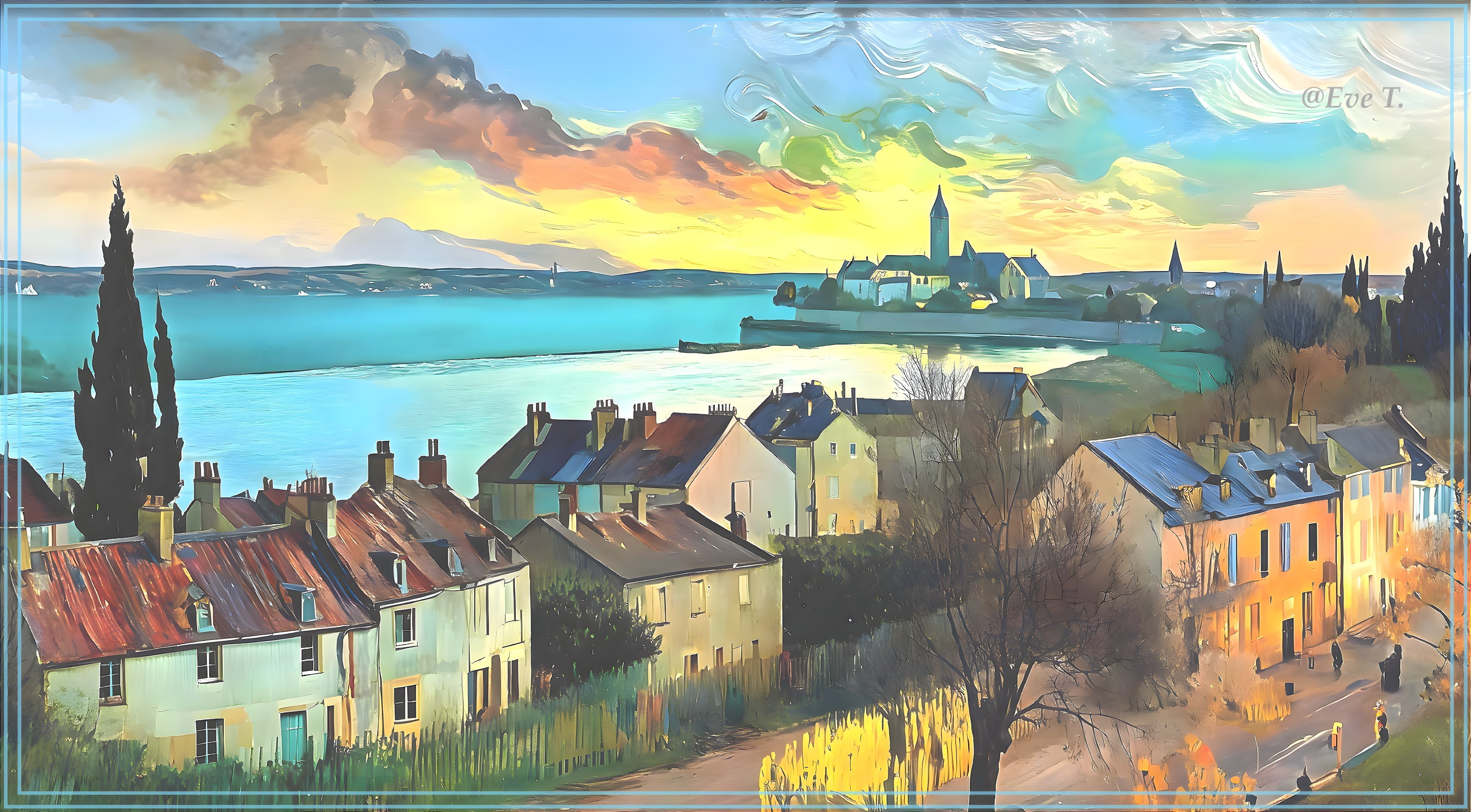 Quaint village landscape by a shimmering river at sunset