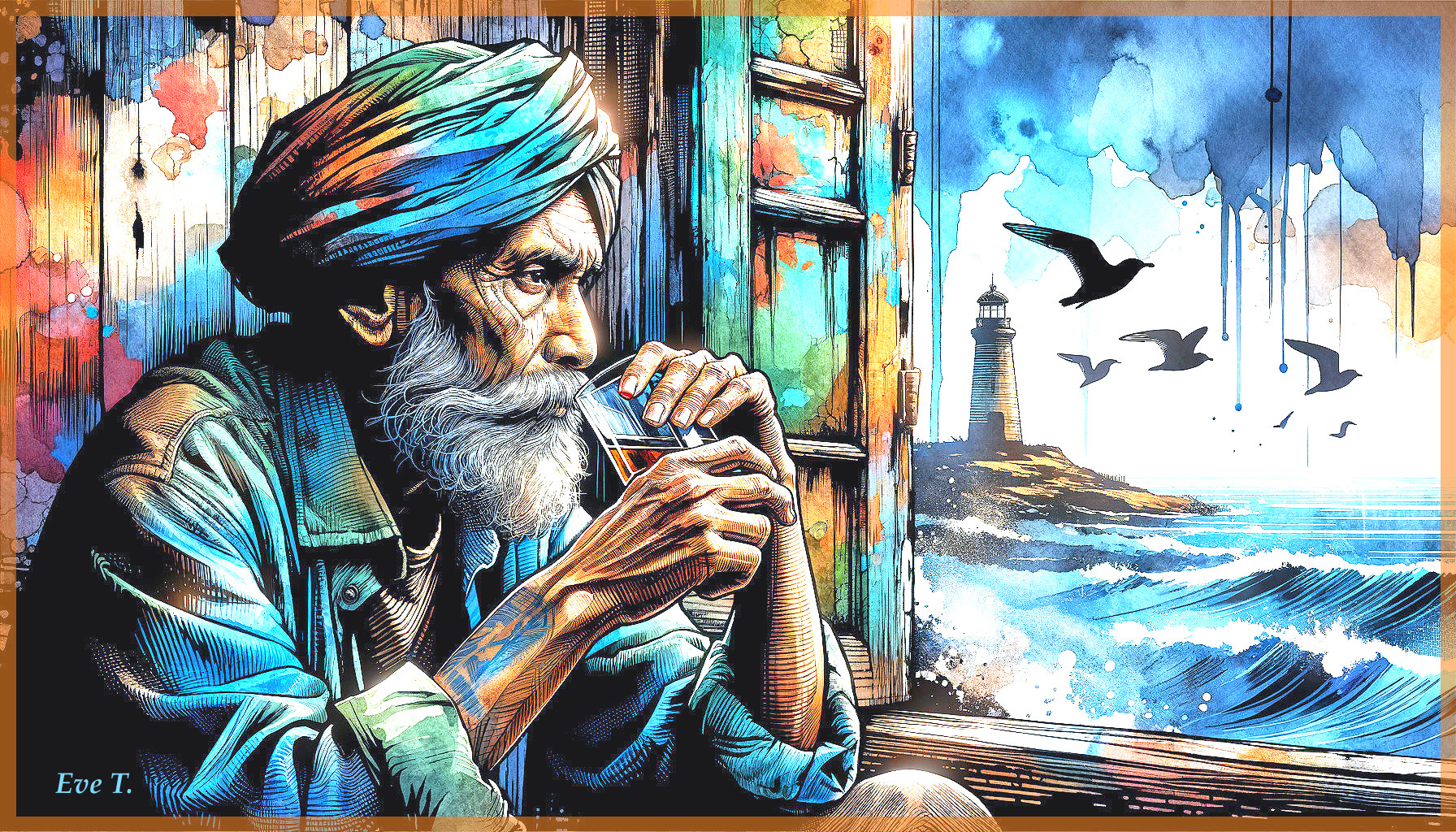 Elderly man in colorful turban by coastal window