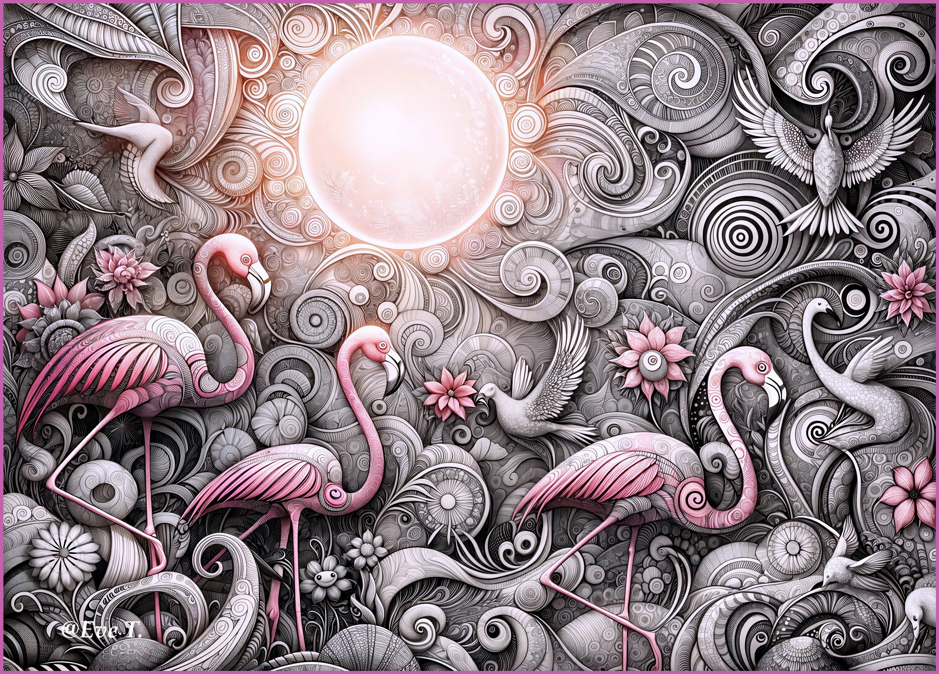 Monochromatic Scene of Stylized Flamingos and Nature