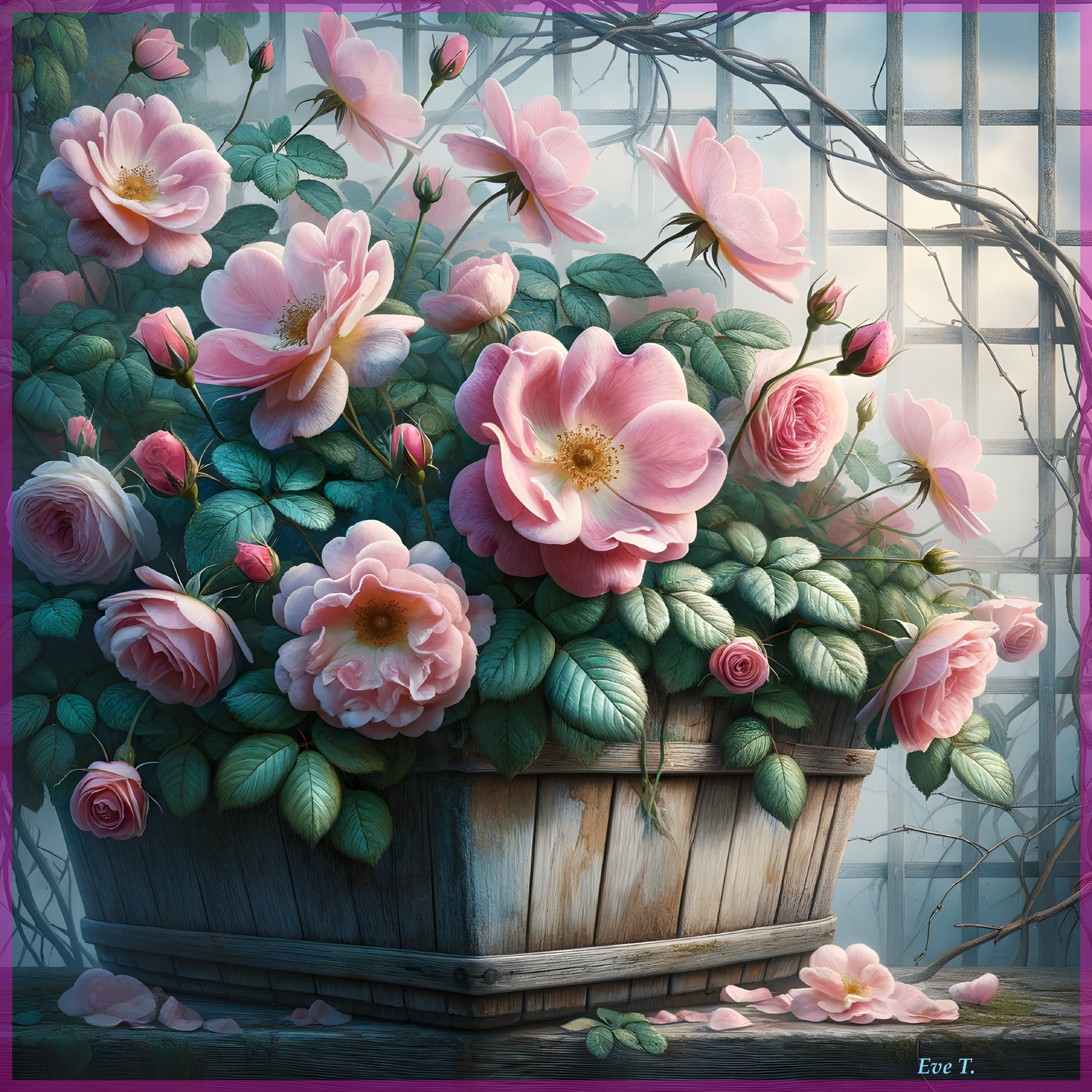 Blooming Pink Roses in a Wooden Planter Arrangement