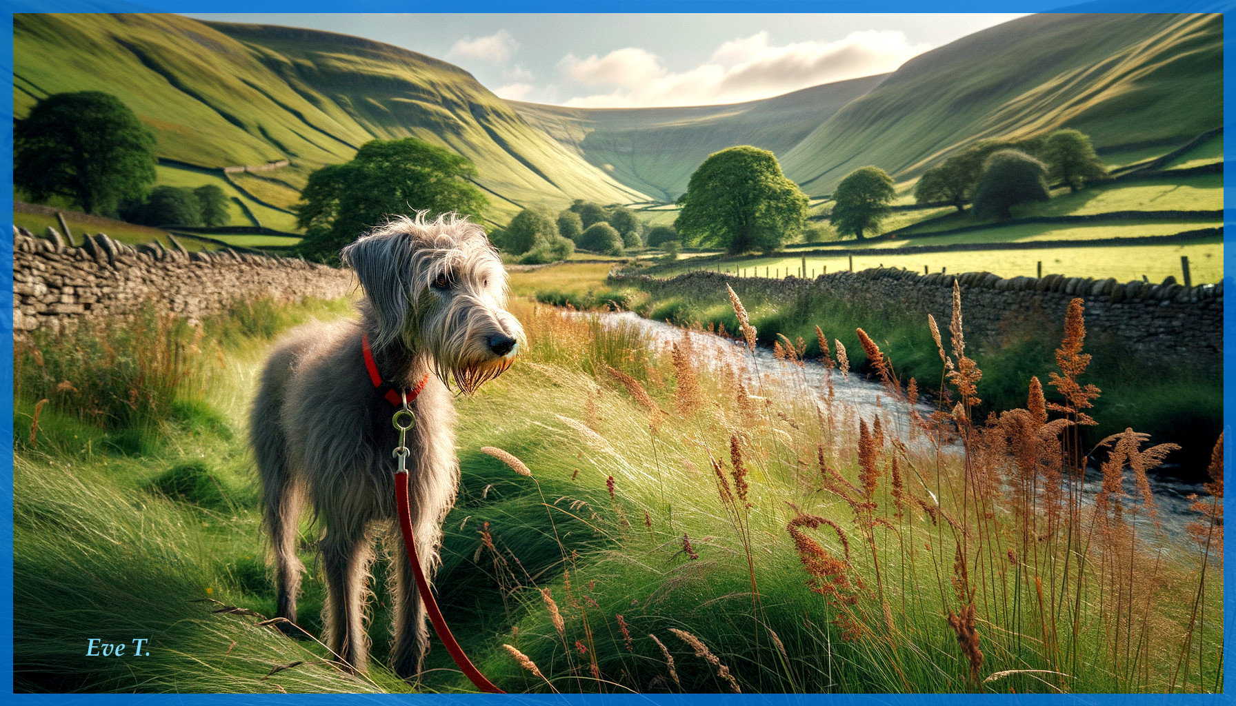 Fluffy Dog by Peaceful Stream in Lush Countryside