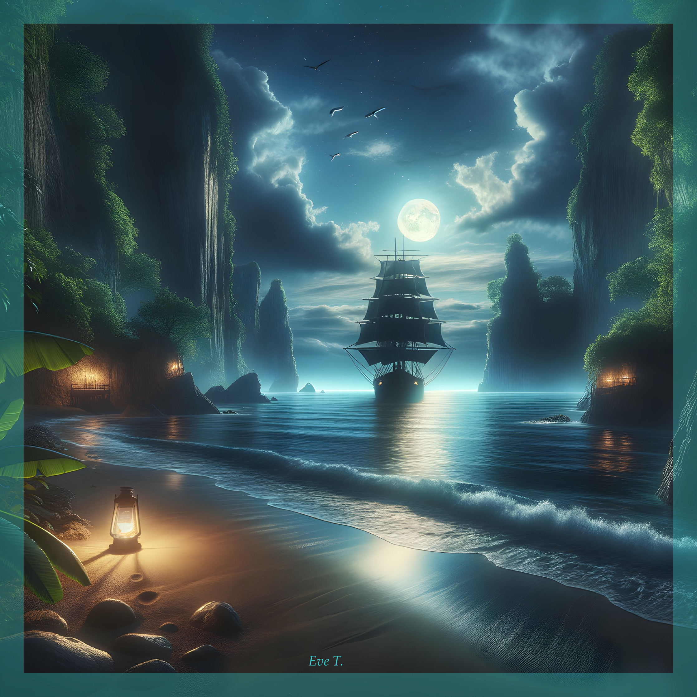 Majestic Ship Sailing Under Moonlit Cliffs