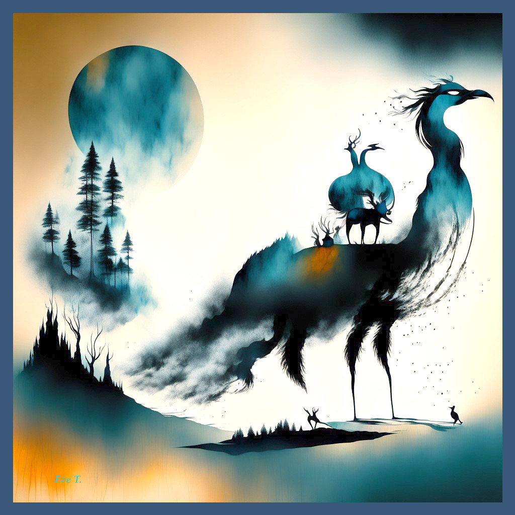 Surreal Landscape with Giant Cloud Creature and Moon