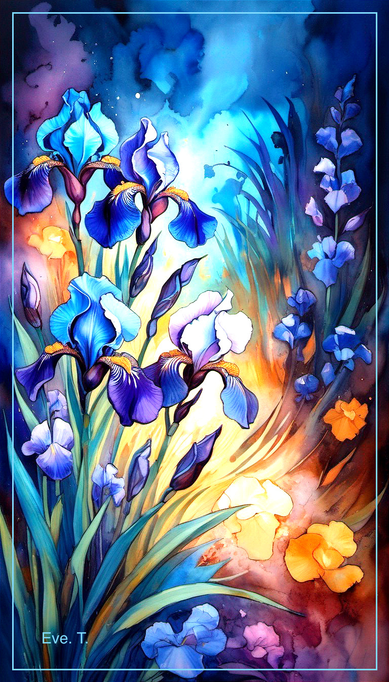 Vibrant Watercolor Painting of Irises and Leaves