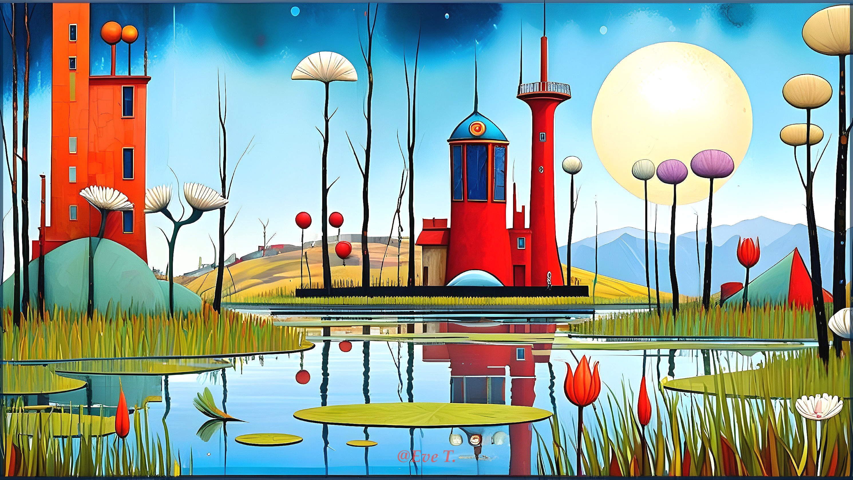 Surreal Landscape with Red Towers and Whimsical Lighthouse