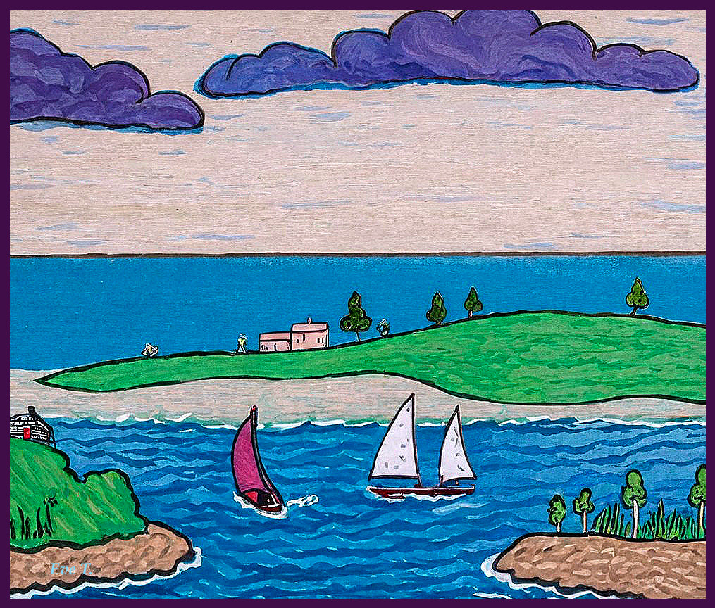 Vibrant Landscape with Sailboats and Lush Hills