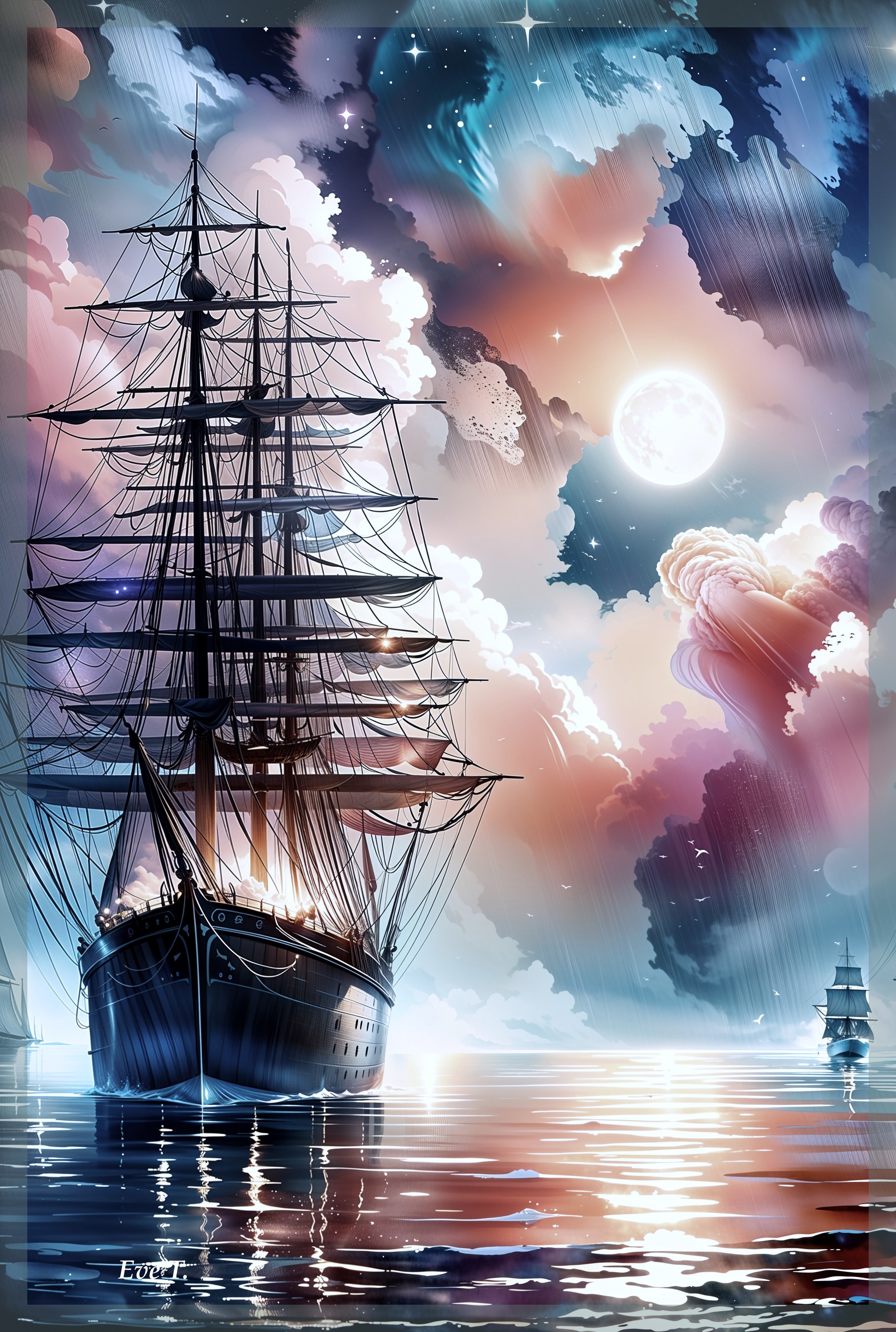 Majestic sailing ship on serene ocean at sunset