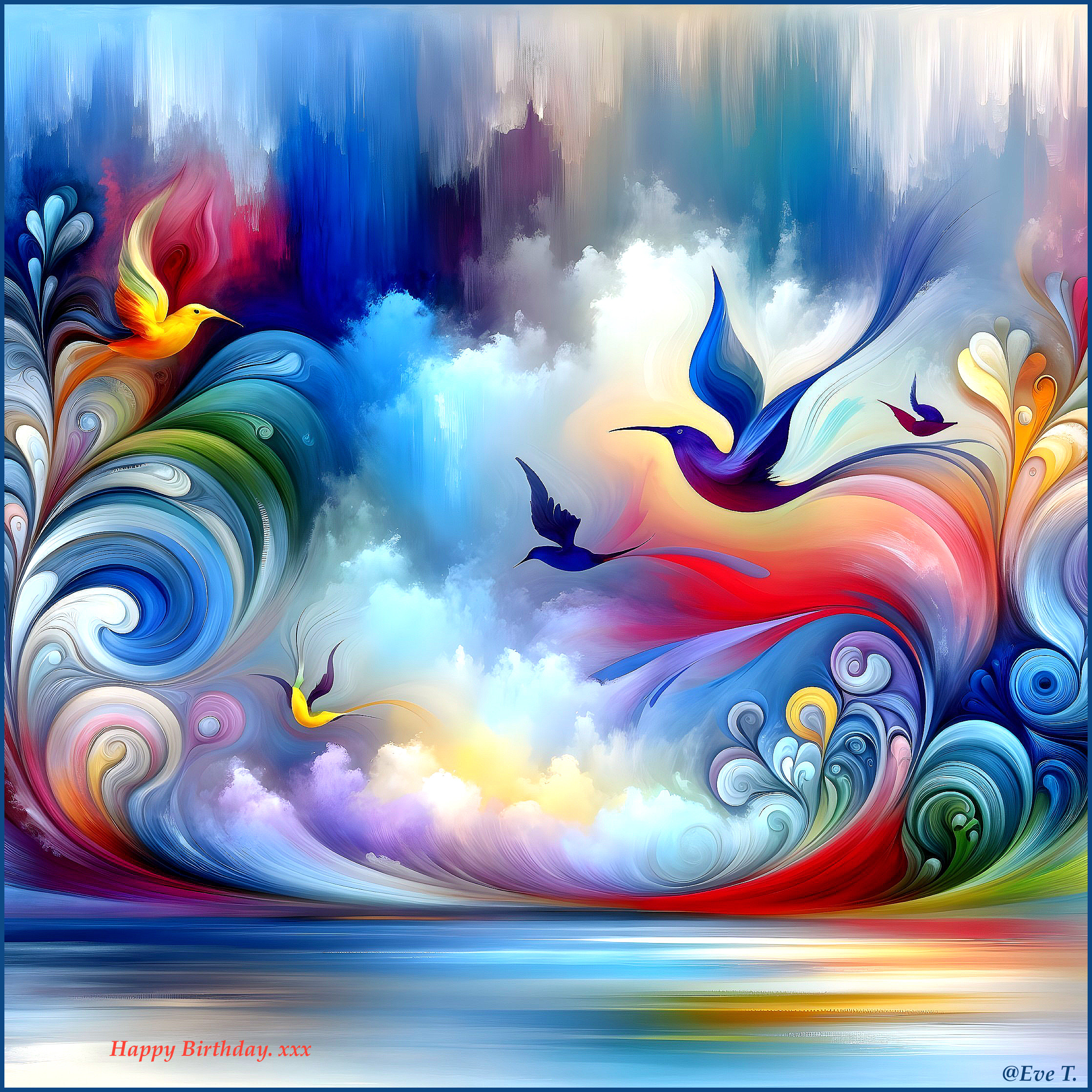 Abstract Landscape with Colorful Birds and Clouds