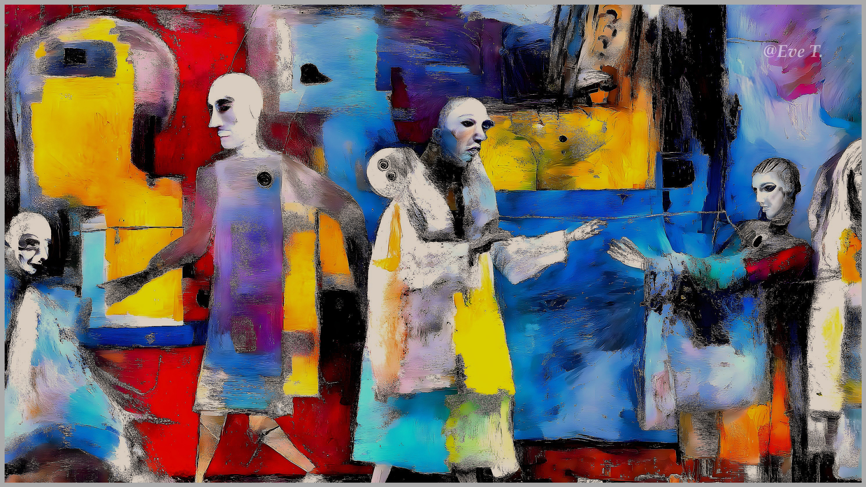 Vibrant Abstract Artwork with Expressive Figures and Colors