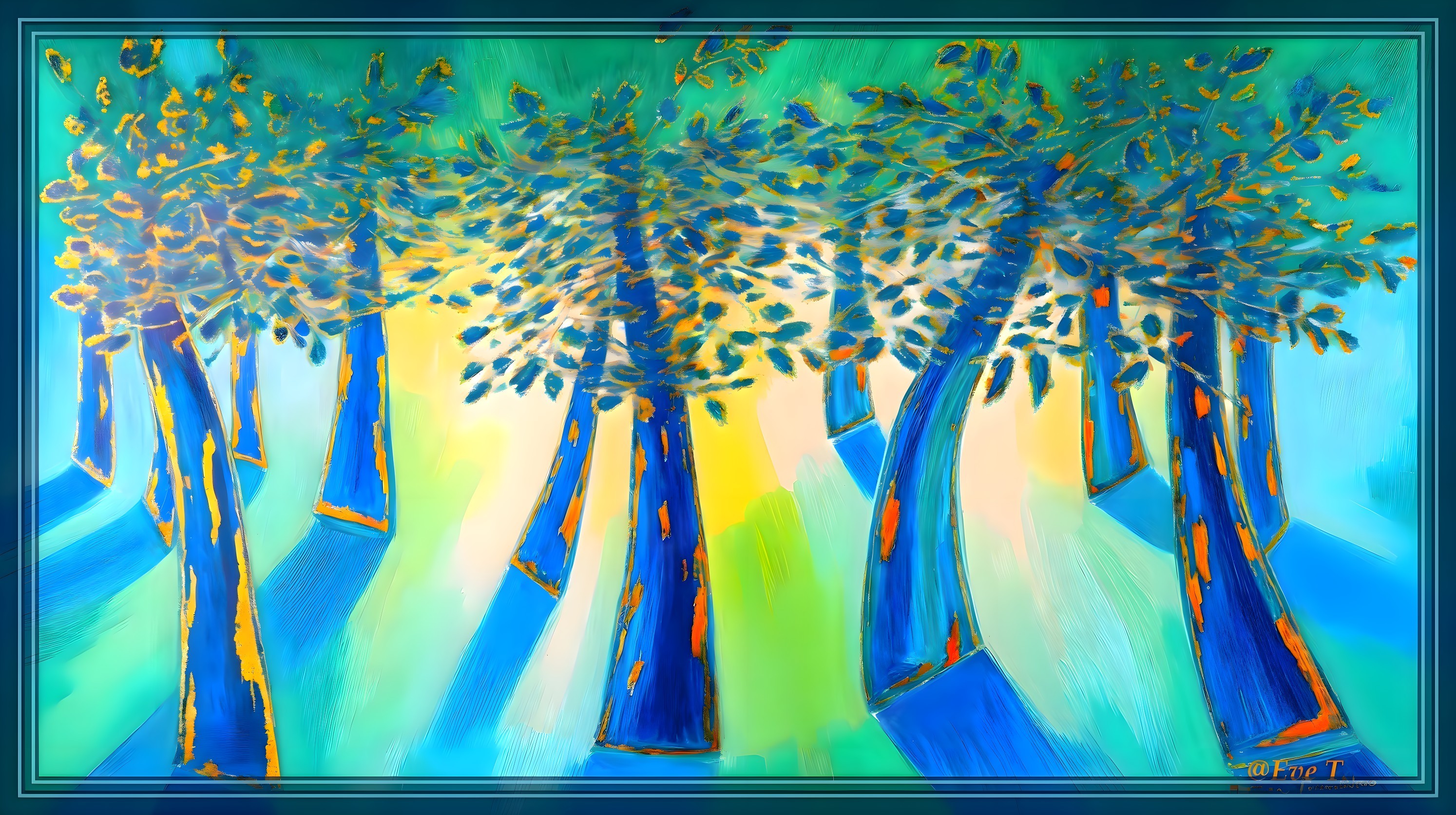 Vibrant Forest Scene with Stylized Trees and Foliage