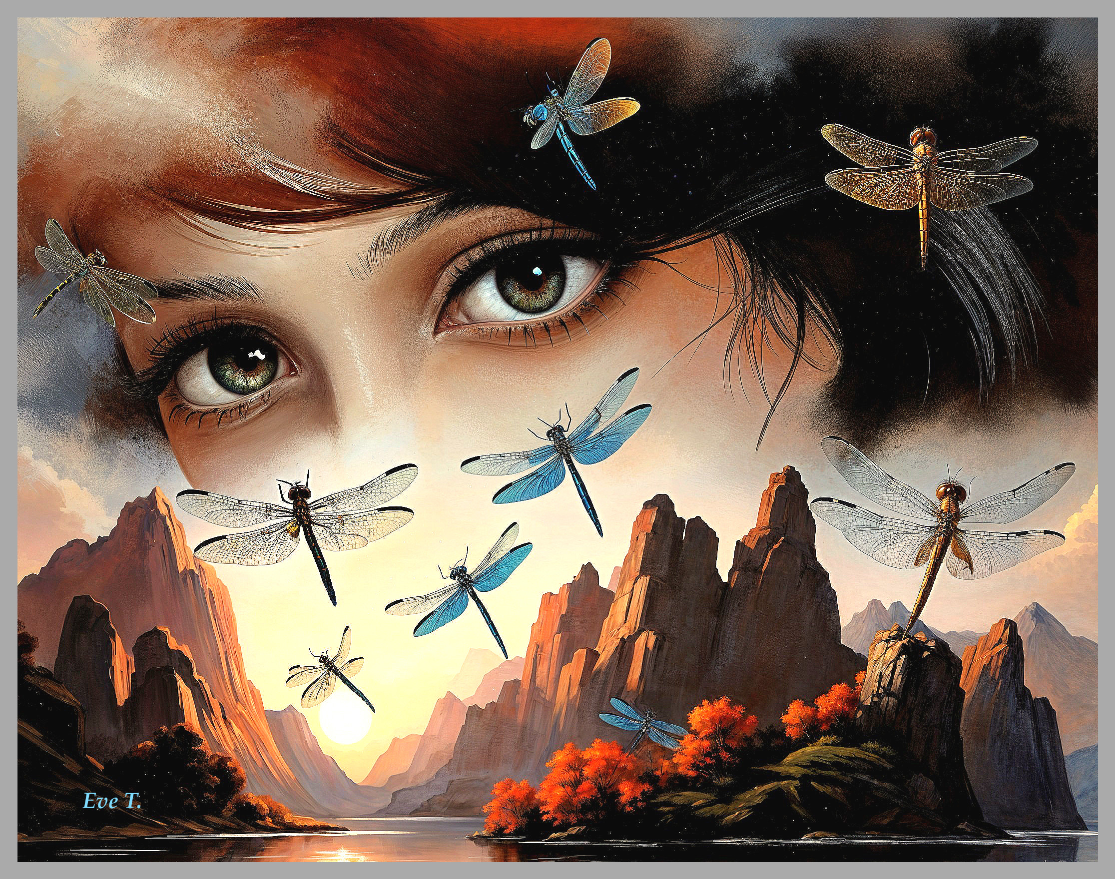 Woman with Green Eyes and Ethereal Dragonflies
