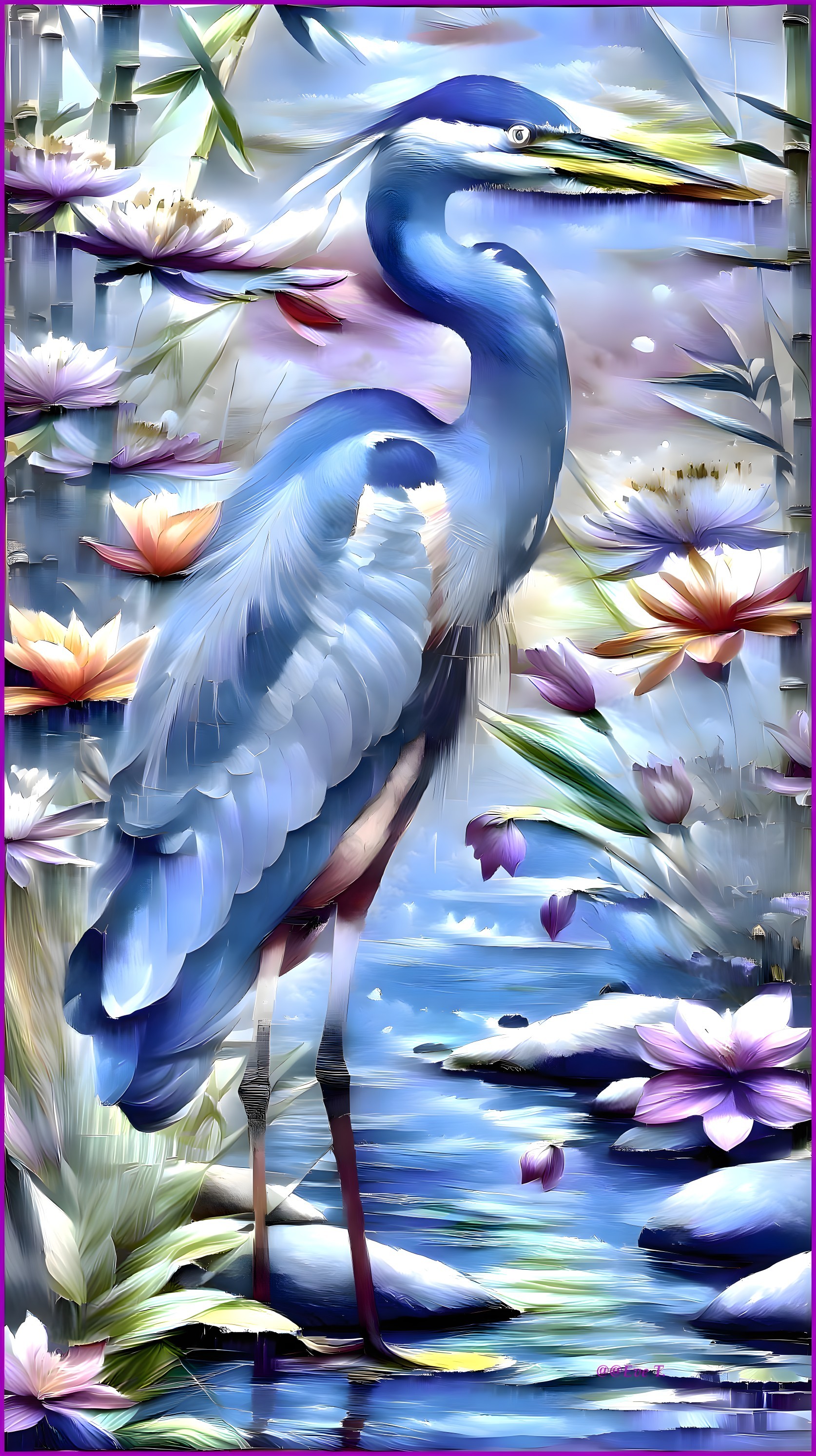Blue Heron by Waterway with Water Lilies and Greenery