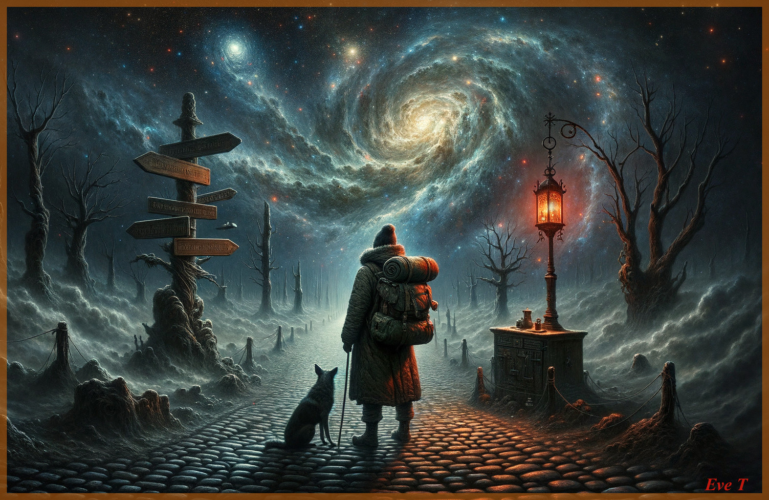 Traveler at Crossroads in Dreamlike Landscape