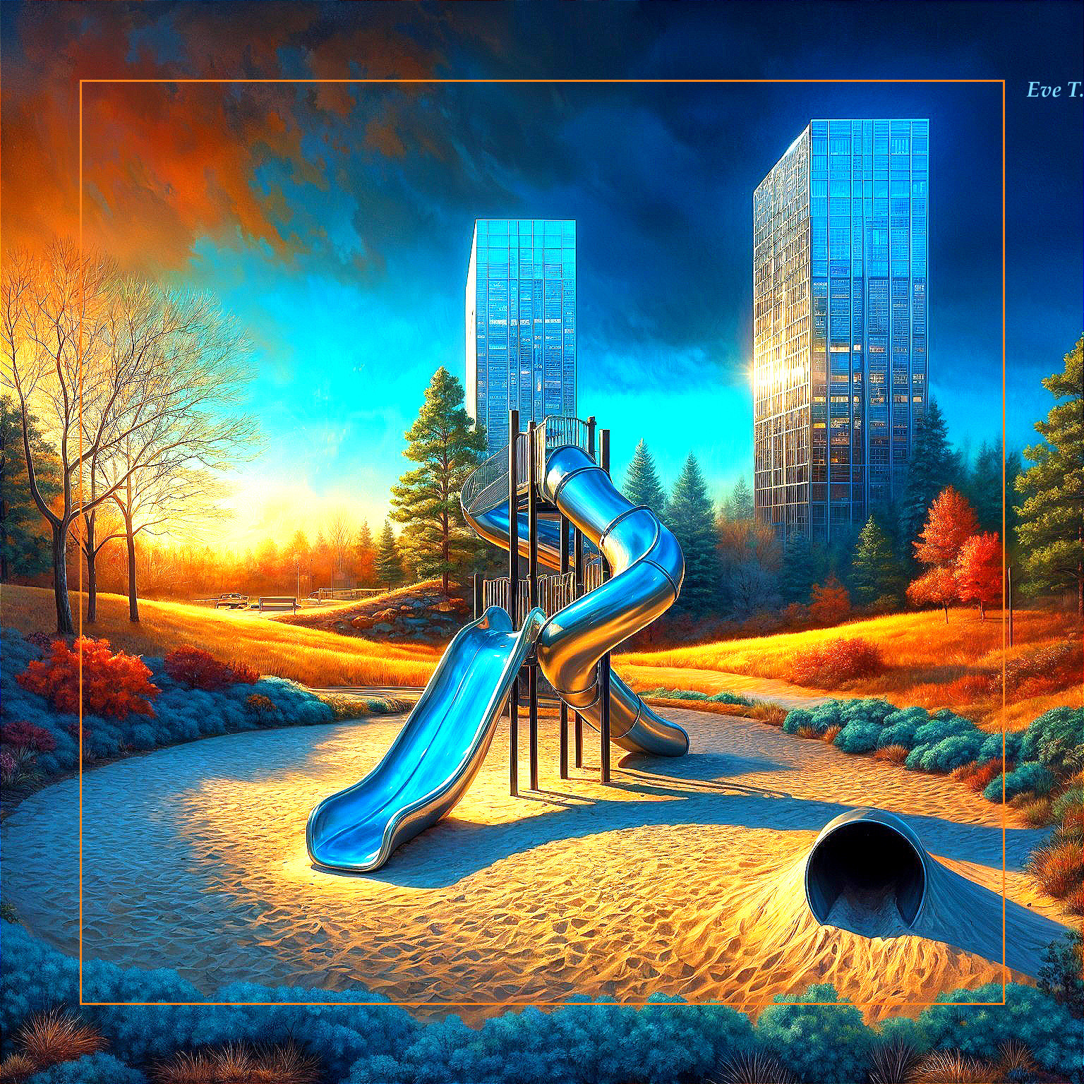 Surreal Playground with Urban Skyline and Autumn Trees