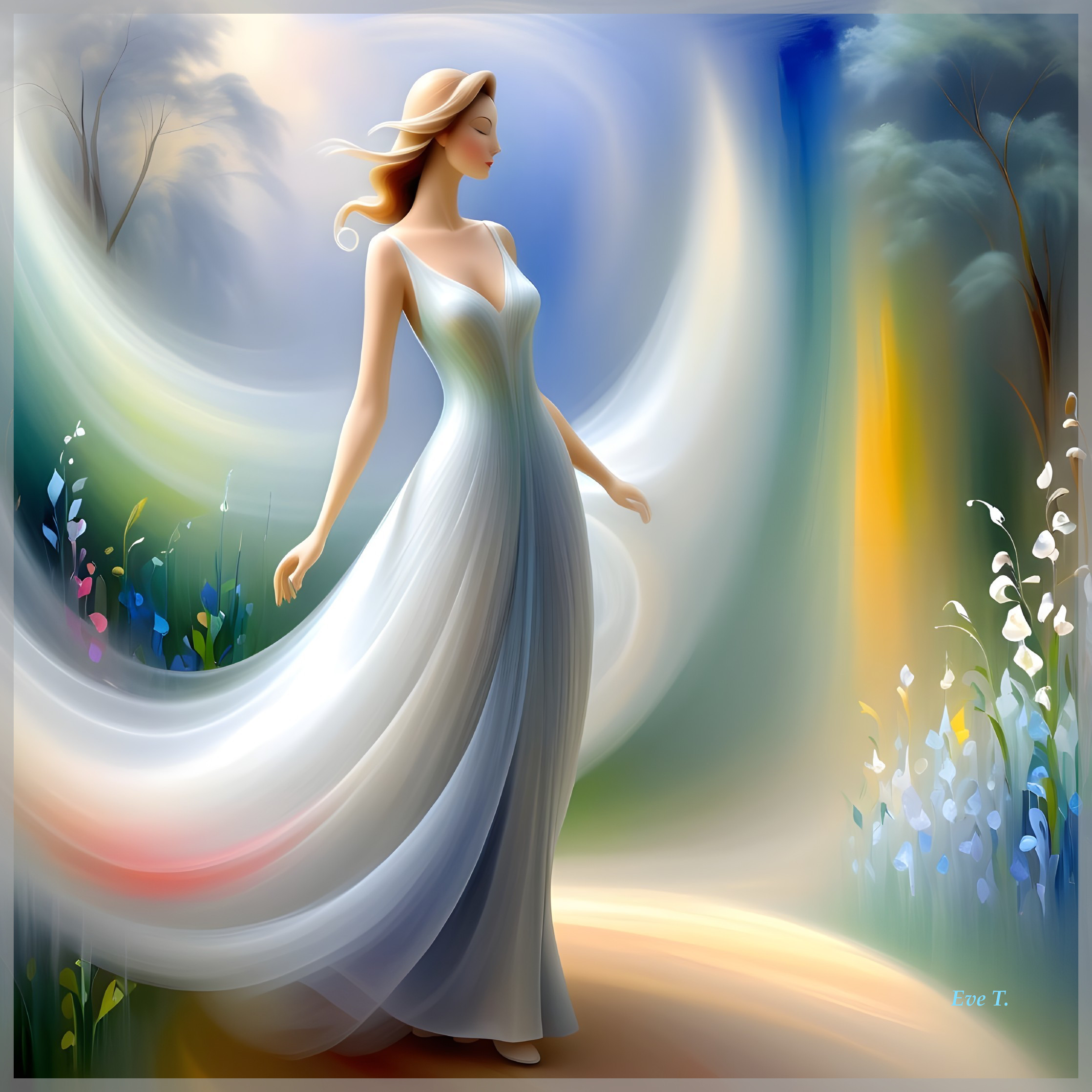 Ethereal Woman in Flowing Dress in Vibrant Landscape