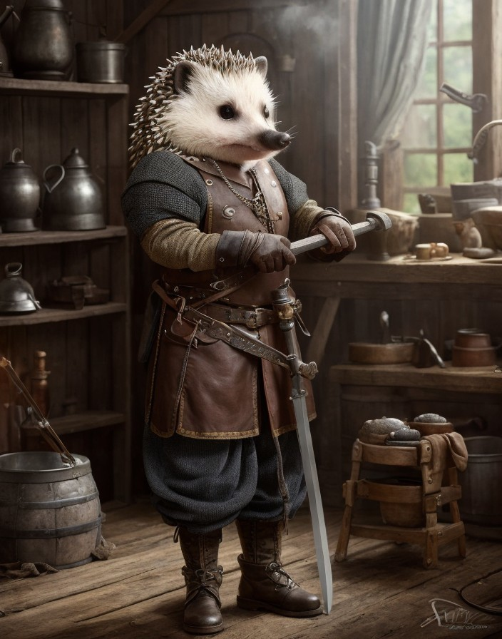 Anthropomorphic hedgehog in medieval attire with sword in rustic interior.