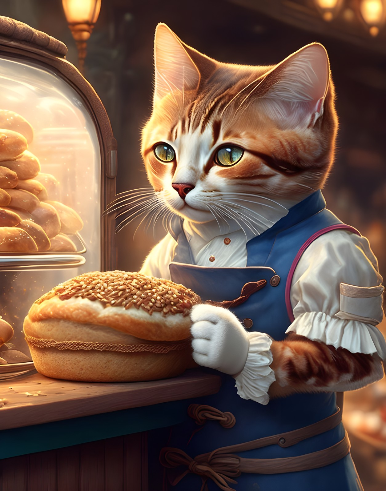 Anthropomorphic cat baker with freshly-baked bread in cozy bakery