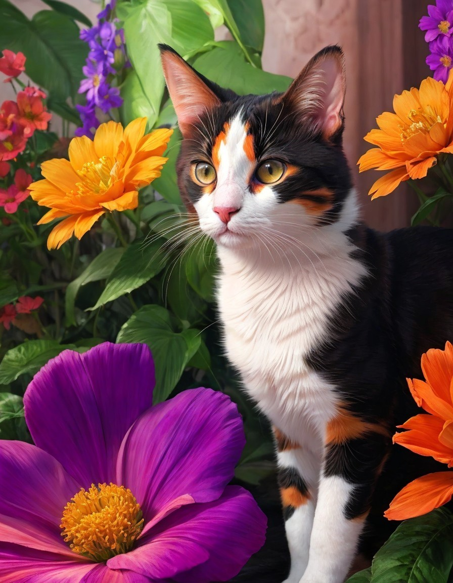 Calico Cat with Black, Orange, and White Fur Among Purple and Orange Flowers