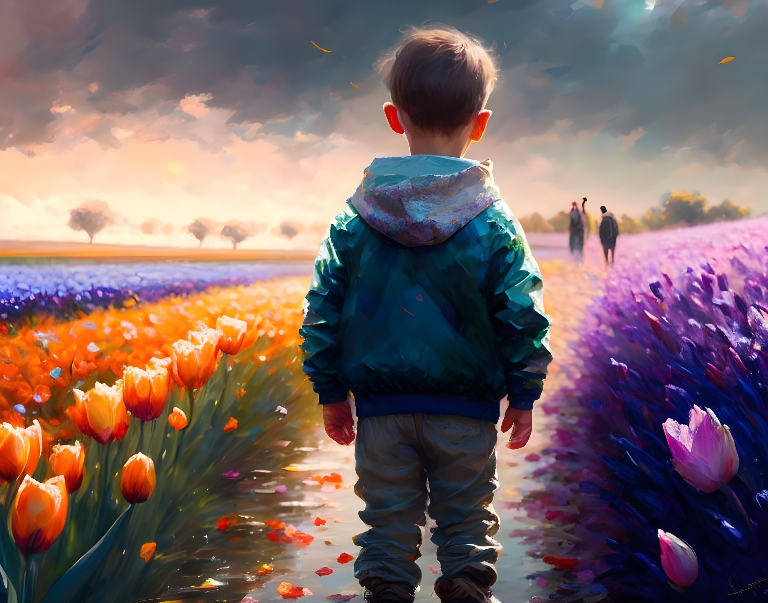 Young boy in flower field gazes at distant figures under dramatic sky