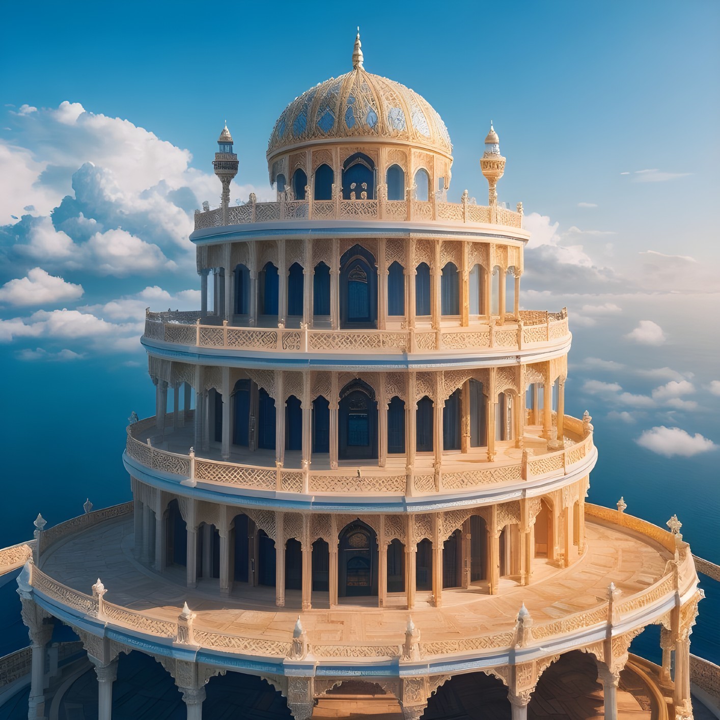 Ornate palace with domes and arches under blue sky