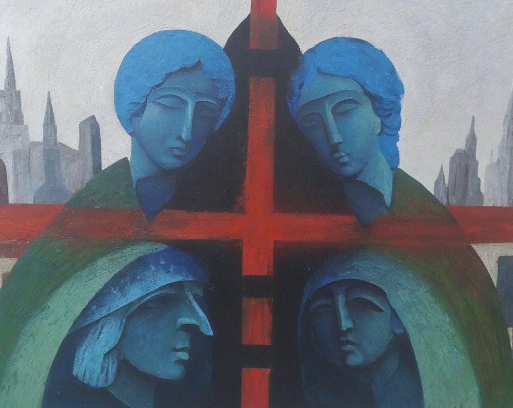 Abstract Figures with Blue Skin and Red Cross Composition