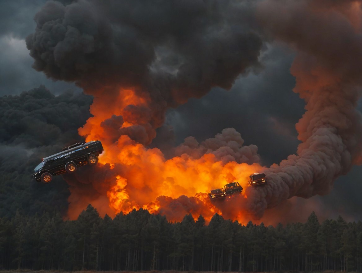 Vehicles in Mid-Air Amid Fiery Explosion and Smoke