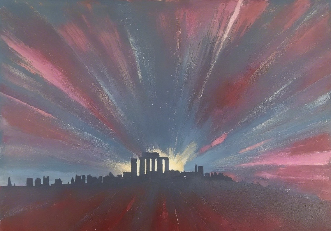 Dramatic Sunset Over Silhouette of Ancient Ruins