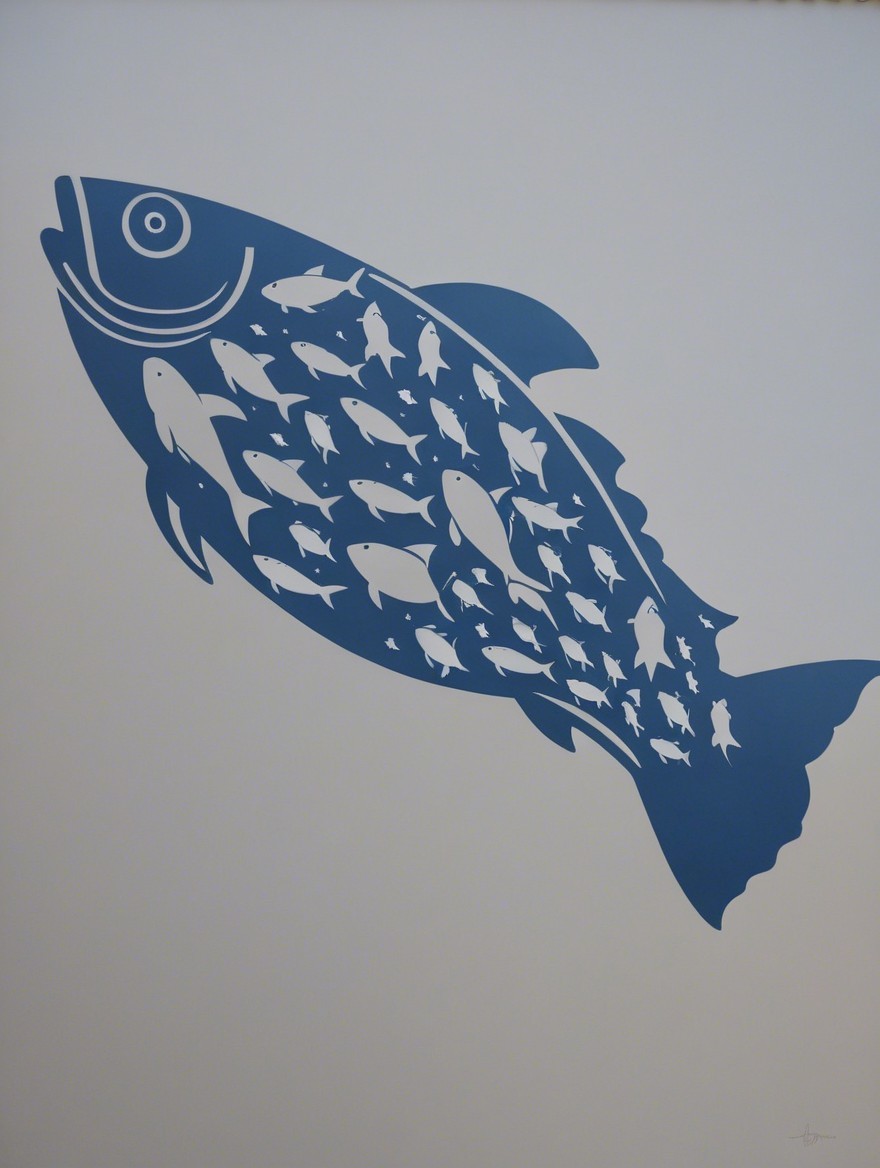 Stylized Blue Fish Silhouette with White Fish Pattern