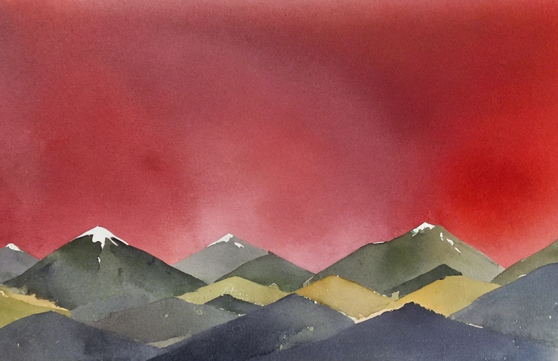 Watercolor Landscape of Mountains and Red Sky