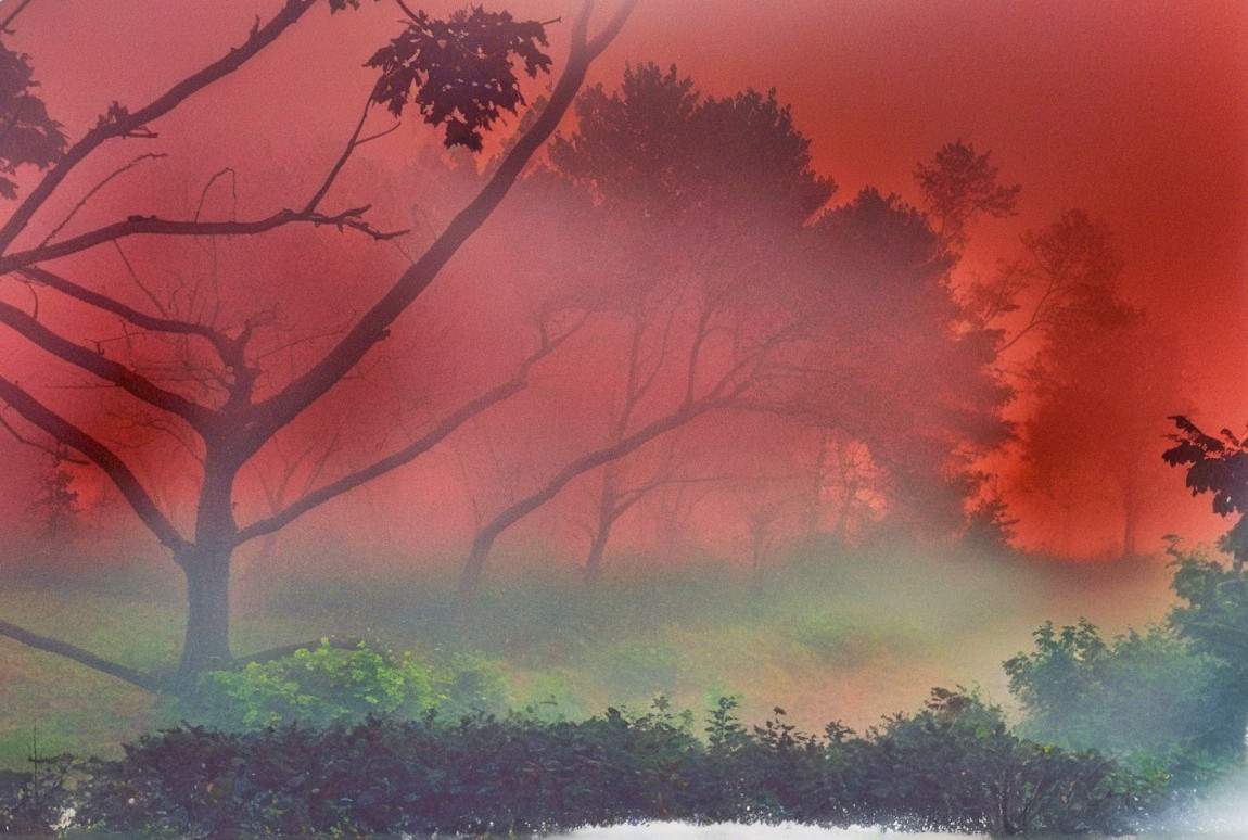 Misty Landscape with Silhouetted Trees and Fog