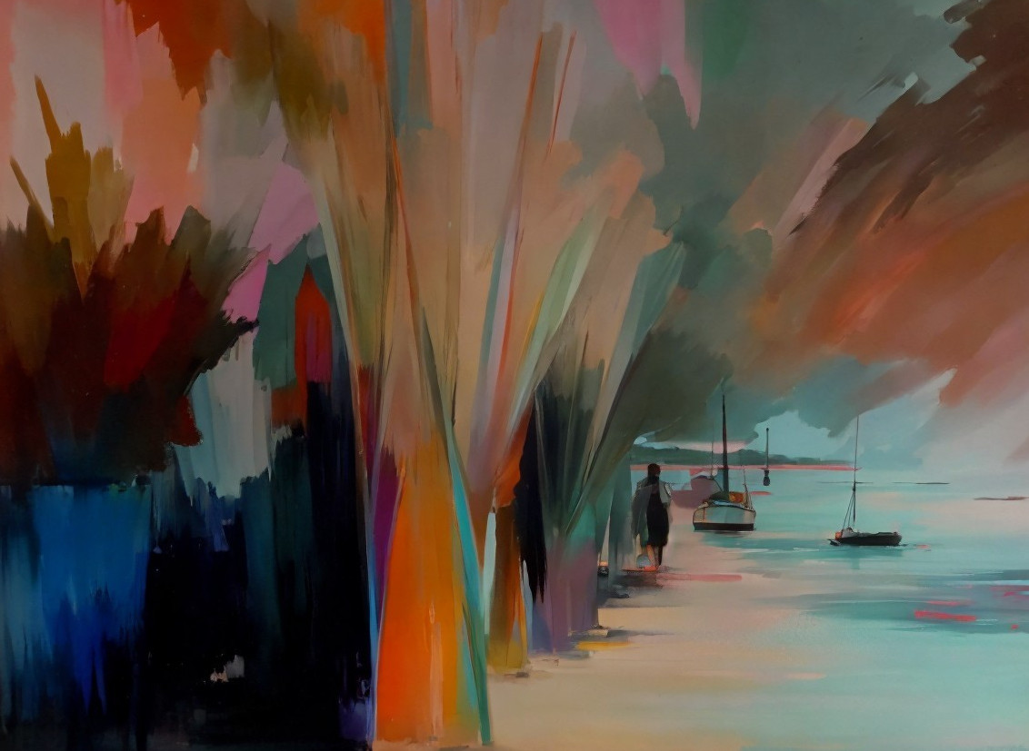 Vibrant Abstract Landscape with Colorful Trees and Water