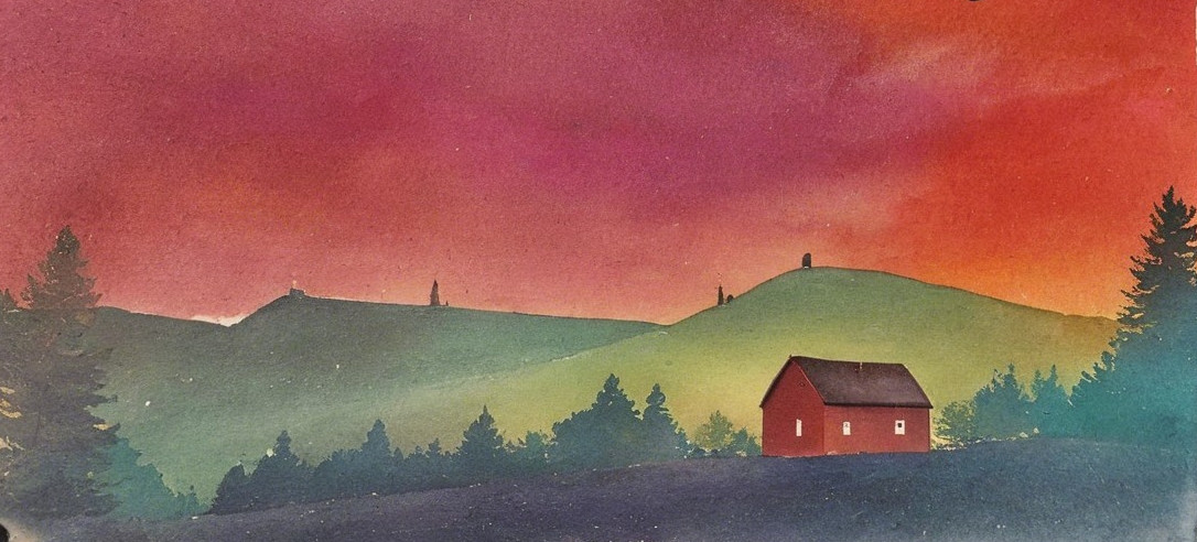 Serene Landscape with Red House and Vibrant Sunset