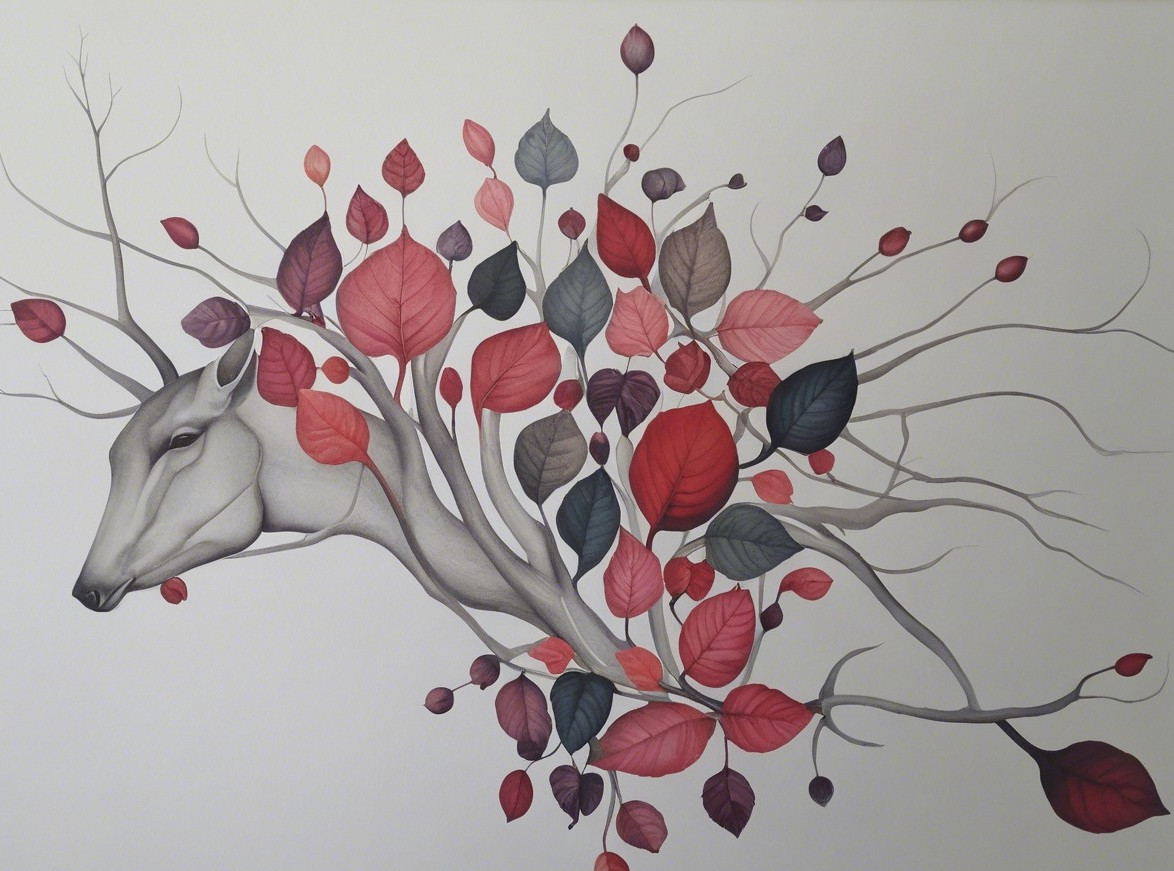 Stylized deer head merging with branches and leaves