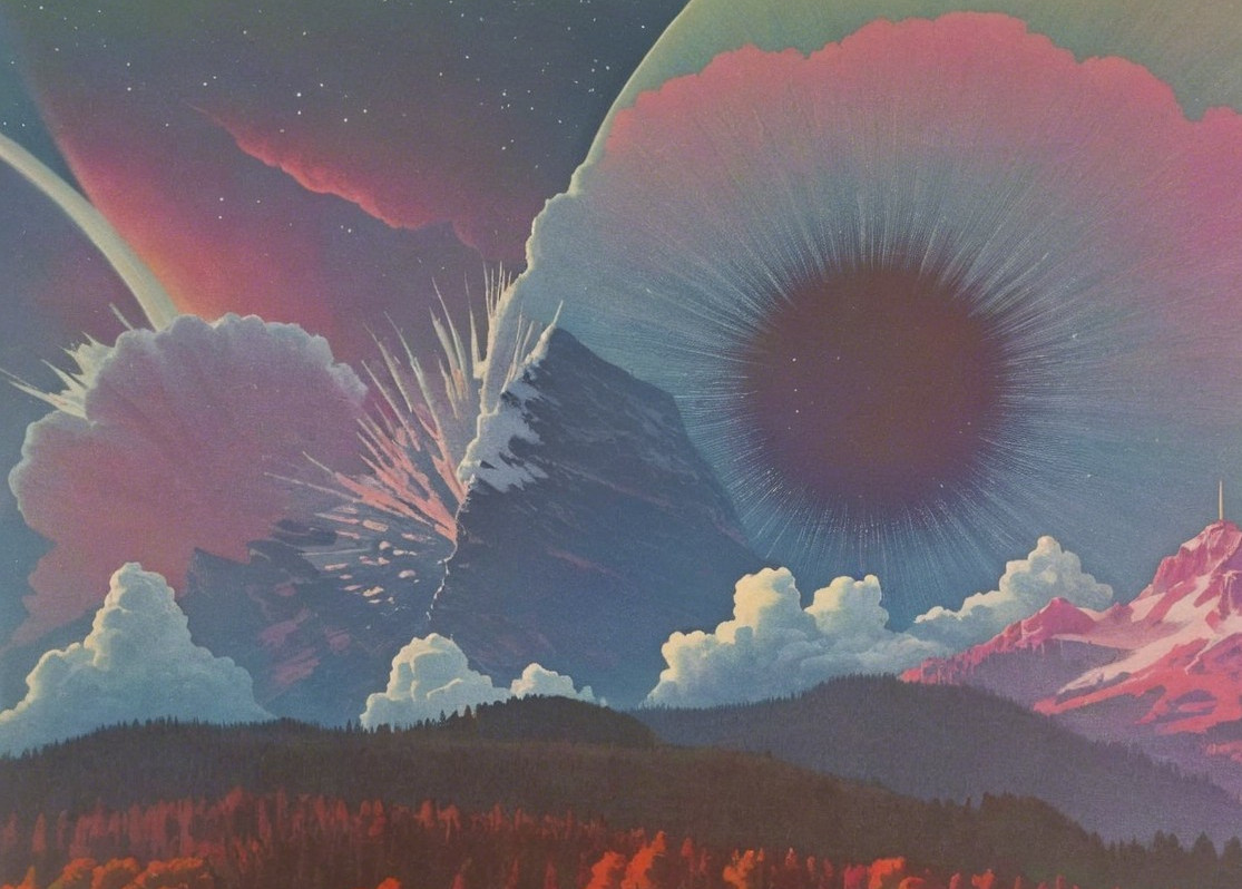 Surreal Cosmic Landscape with Mountains and Stars